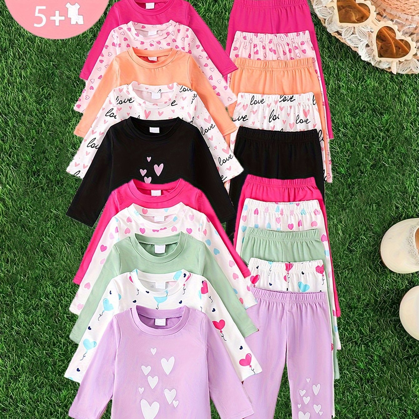 Random Set Of Ten Pieces For Baby Girls With Heart Printed Pattern And English Letter Printed Pattern. Randomly Cut T-shirts And Randomly Cut Trousers With Heart Printed Pattern And Outdoor Suit, for Outdoor