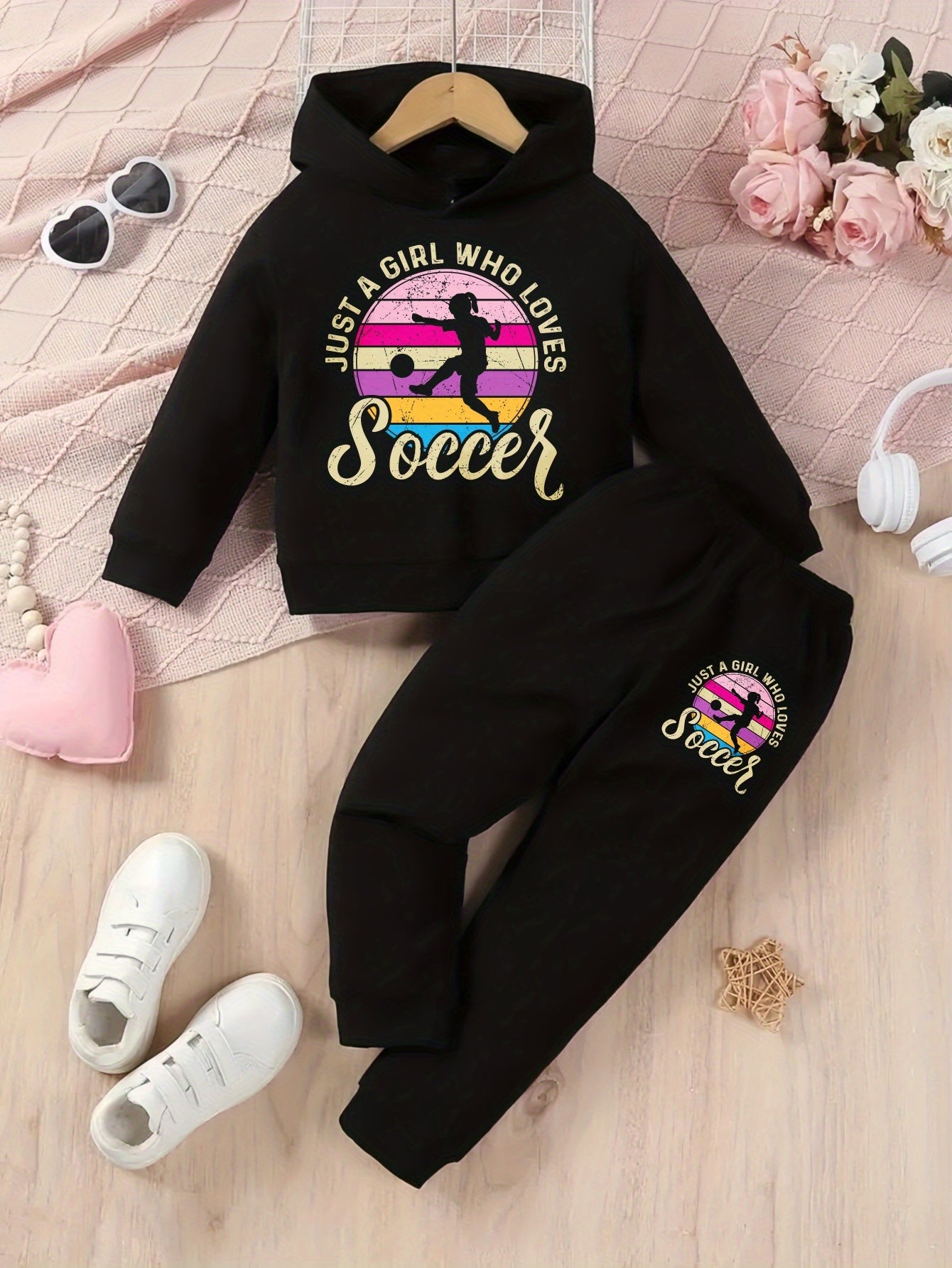 Girls Hoodie and Pants Set - Soccer Graphic Outfit with Hood, Long Sleeve Matching Tracksuit, Soft Pink & Black Soccer Print, Warm Casual Sportswear for Soccer Practice, Games, Casual Attire - Girls' Athletic Clothing, for Ou