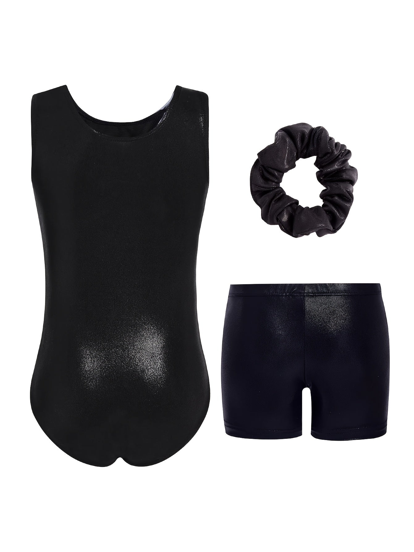 Girls Rhinestone Gymnastics Leotard Shorts Hair Tie Set 3 Piece