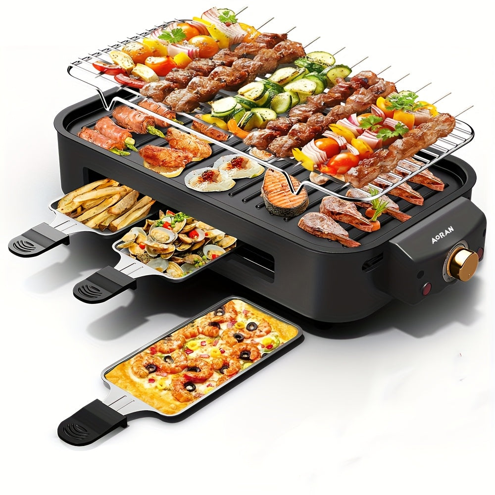 Kitchen Electric Barbecue Grill, Fully Detachable Non-Stick and Easy to Clean, With Frying Pan Grille and Waffle Maker Three Hand Trays, Adjustable Temperature 1500W, Made of Stainless Steel, Gift for Christmas Housewarming B