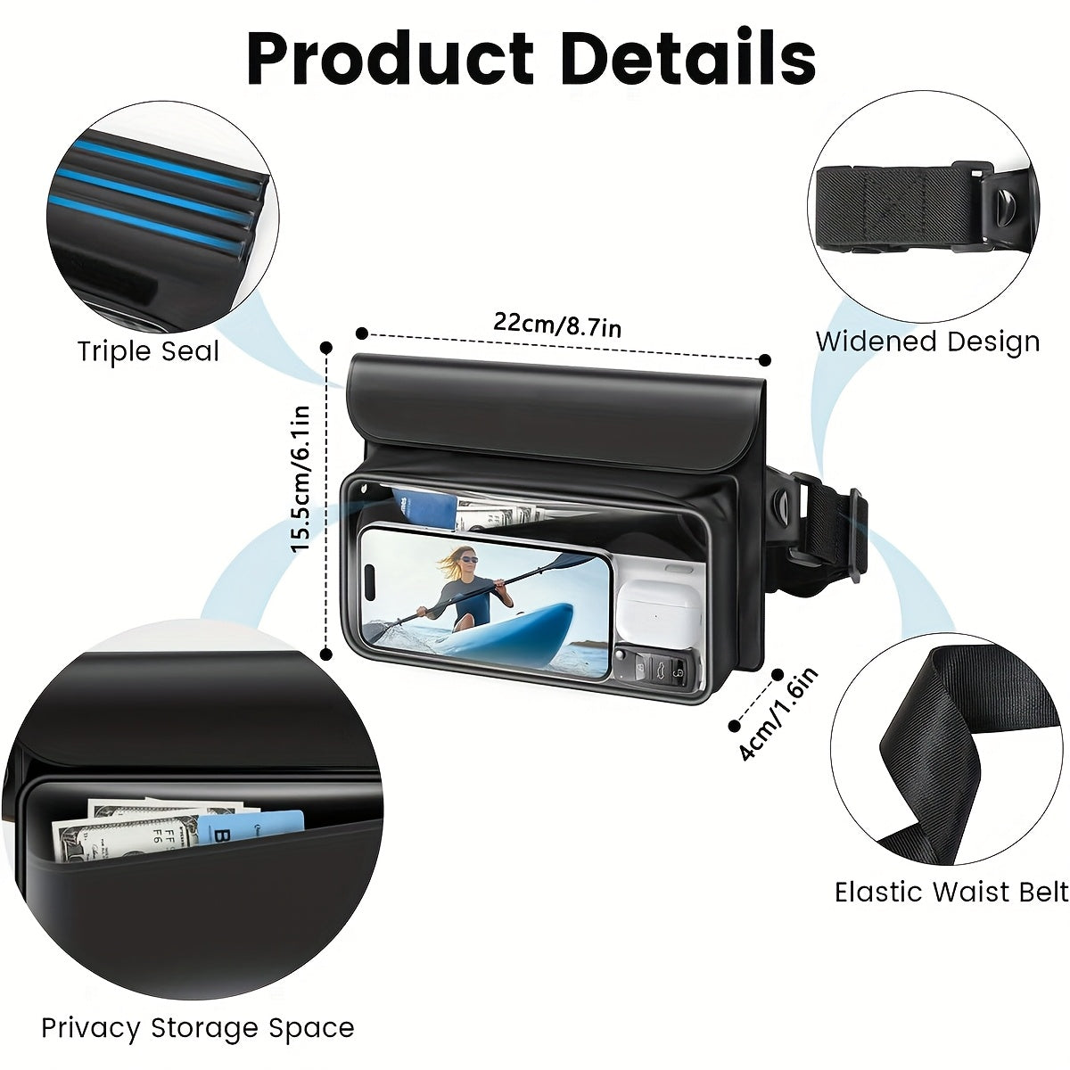 RYNAPAC Waterproof Waist Bag With Adjustable Waistband Double Compartment Fits Up To 7.5 Inches For Galaxy Phones Beach