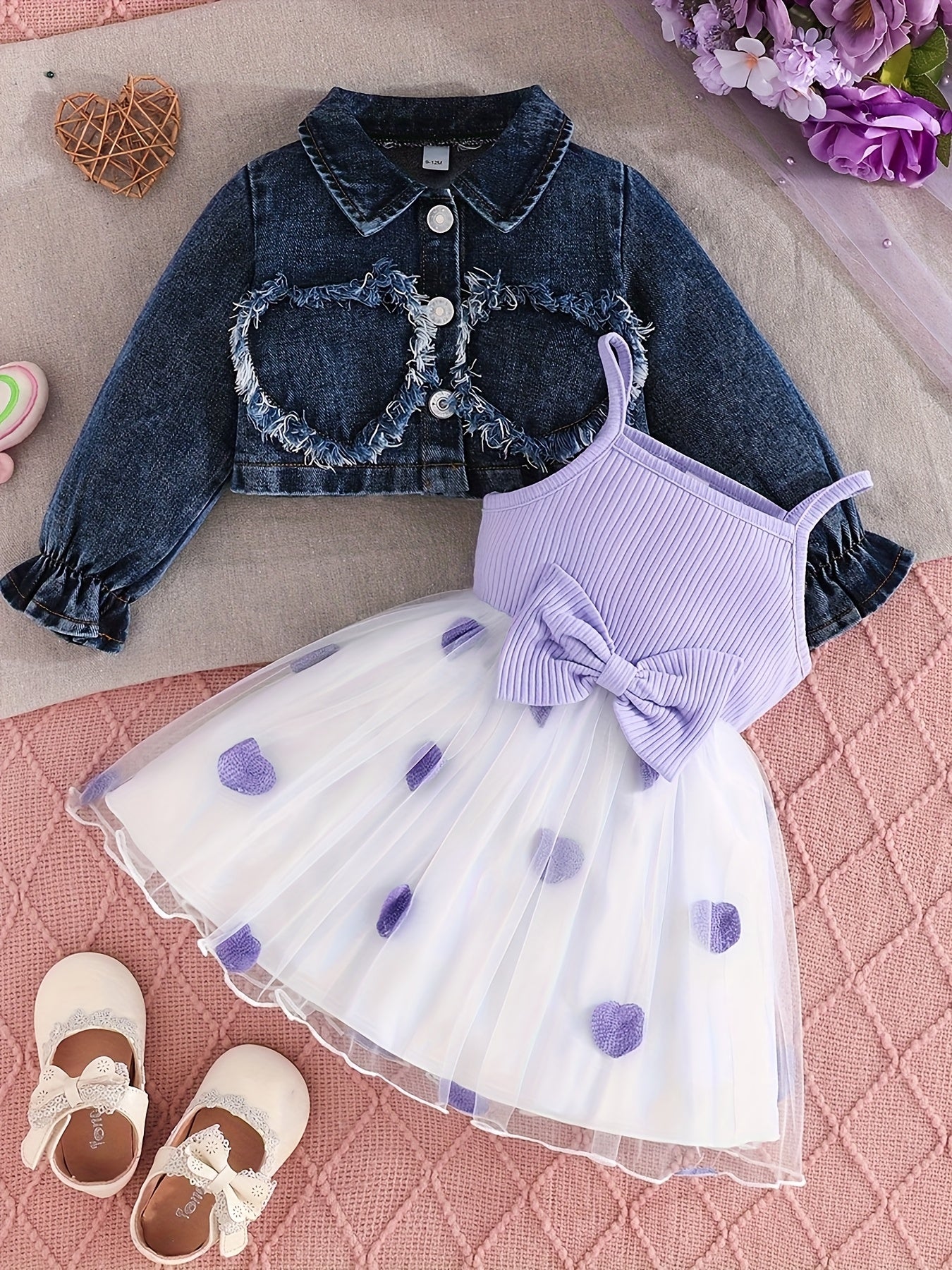 2pcs Toddler Girl Outfit | Stylish Blue Denim Jacket & Adorable Bow Skirt Set | Cozy Jacket with Button Front, Soft Flowy Skirt for Fall Birthday Party, Photoshoot, Casual Wear - Machine Washable Toddler Ensemble, Perfect for