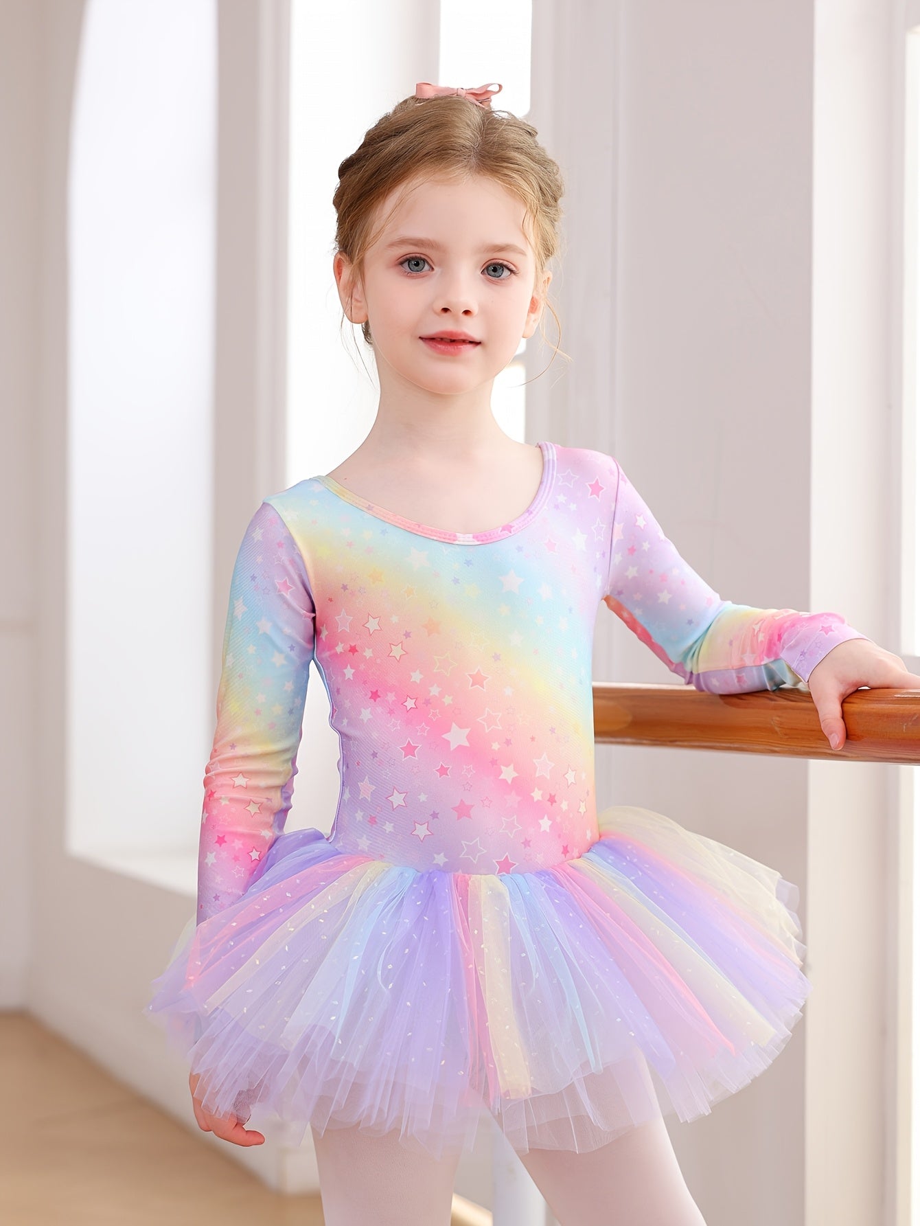 Christmas Gift Girls' Outfit - Long Sleeve Star Rainbow Butterfly Print One-Piece Tulle Puffy Dress, Non-Detachable Fall Ballet Gymnastics Leotard For Daily Wear, Birthday Party, Dance Performance, Outdoor Sports