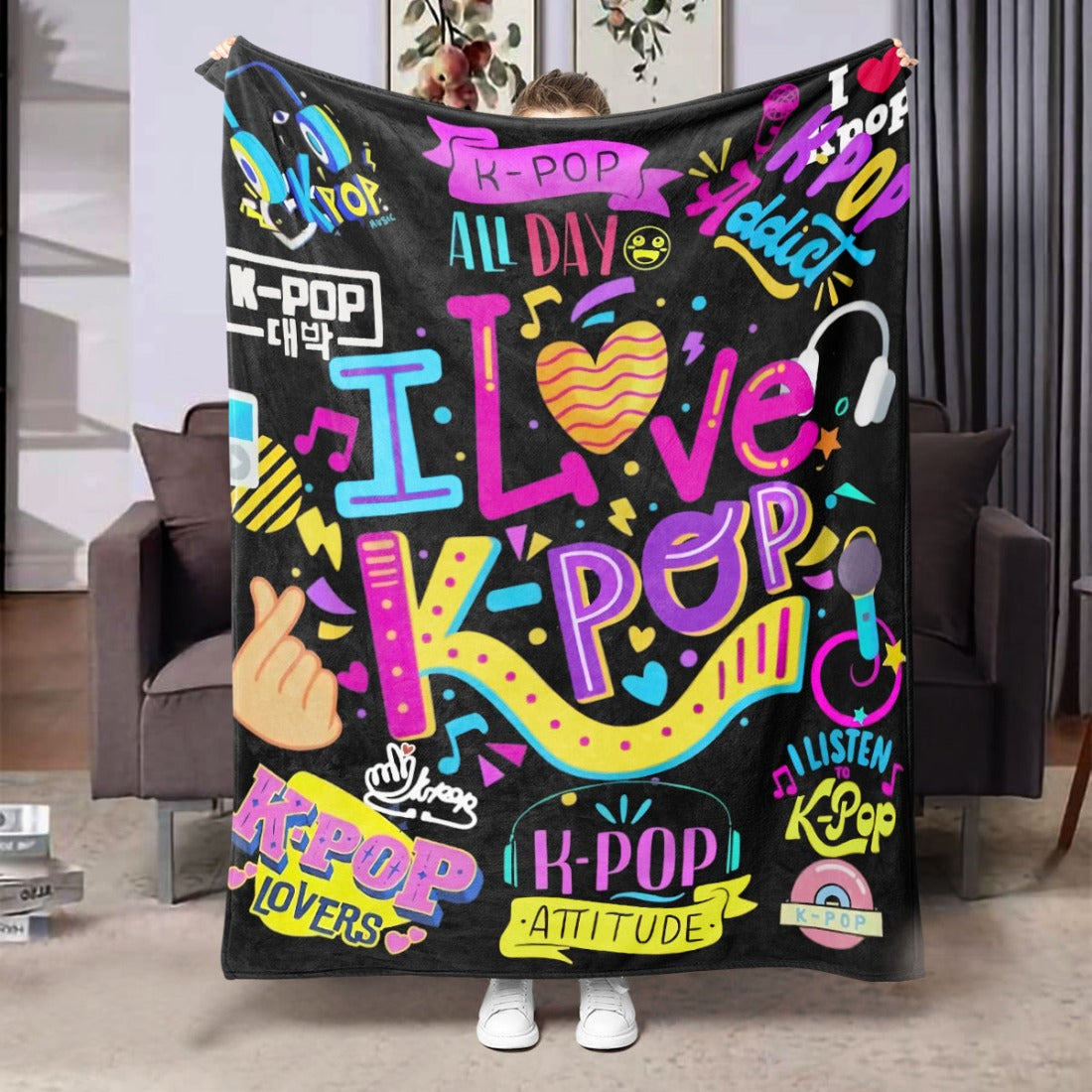Kpop Digital Print Gift Blanket for Girls - Soft Flannel Throw with Vibrant K-Pop Design, Perfect for Birthdays, Halloween, Christmas - Ideal for Bed, Sofa, Chair, Living Room, Travel - All-Season Use, Kpop Blanket, Best for