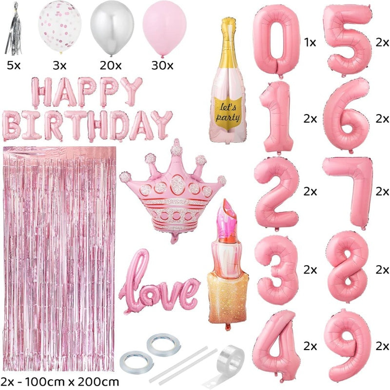 89 Piece Girls Birthday Balloon Set With 0 To 19 Crown Lipstick Champagne Bottle Shapes Confetti Backdrop Arch Kit Pink