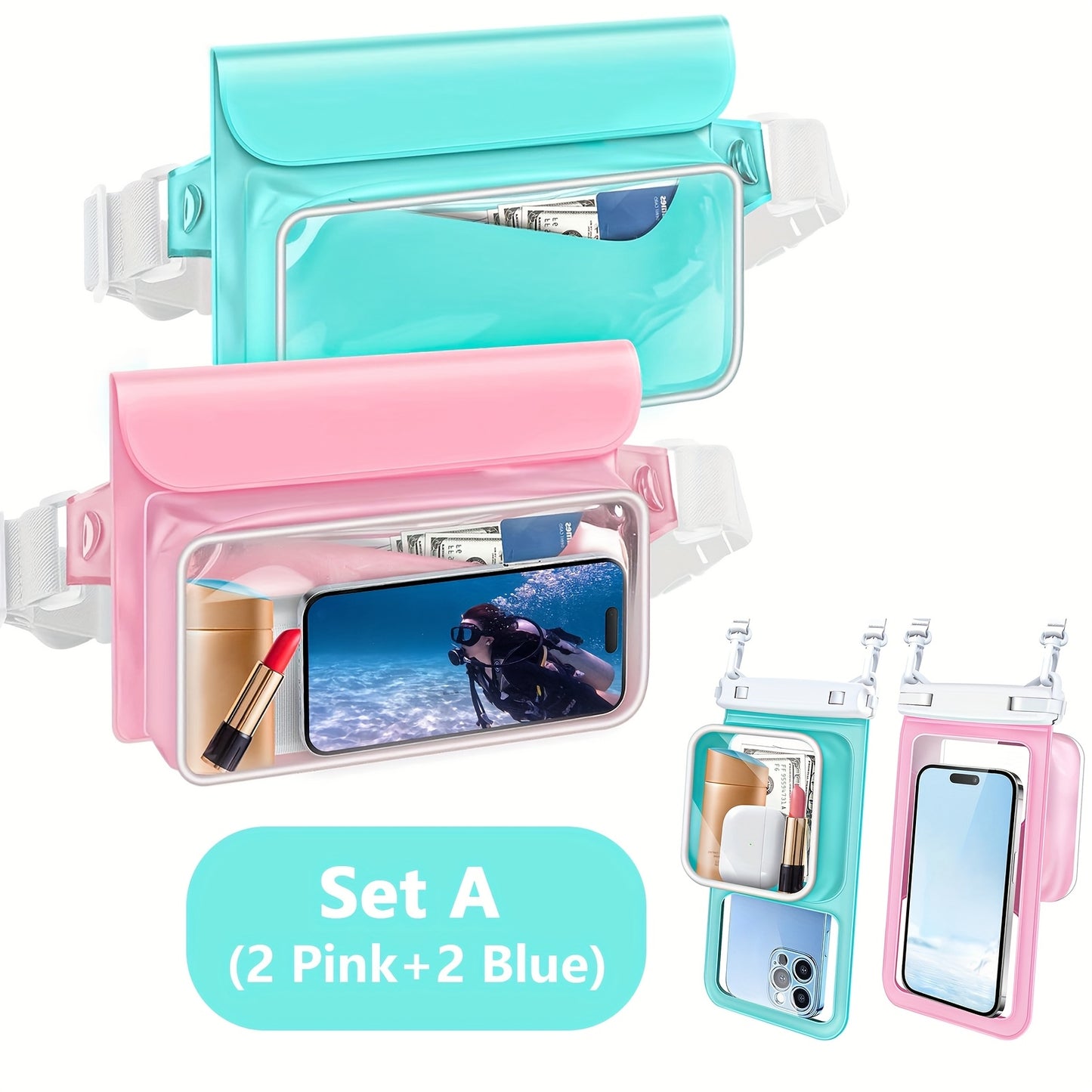 RYNAPAC Waterproof Waist Bag With Adjustable Waistband Double Compartment Fits Up To 7.5 Inches For Galaxy Phones Beach