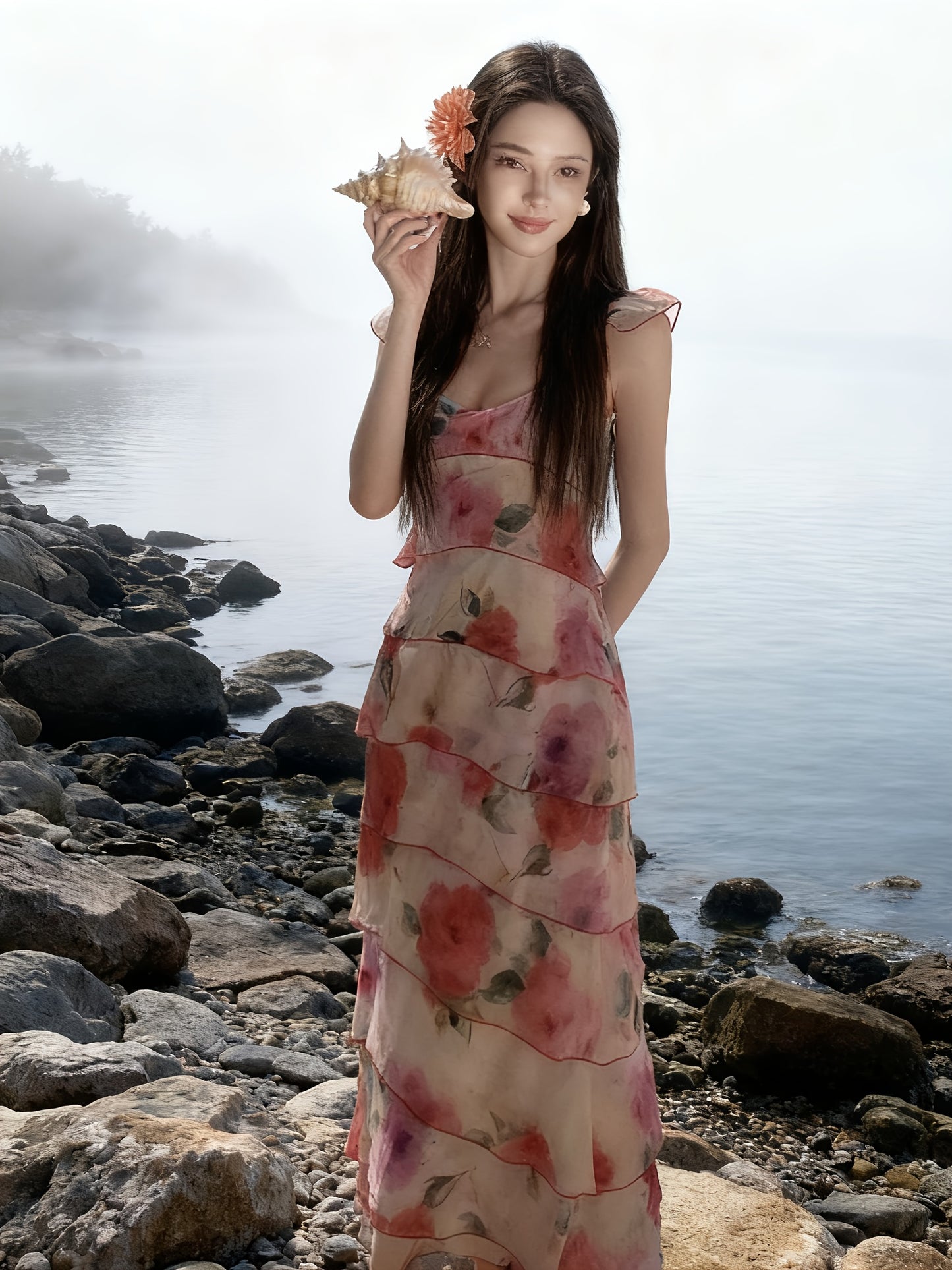 Women'S French Romantic Watercolor Floral Print Spaghetti Strap Maxi Dress - Off-Shoulder/One-Shoulder Boho Beach Dress with Slim-Fit Silhouette, Lightweight Breathable Fabric for Coastal Vacation, Summer Weddings & Evening E