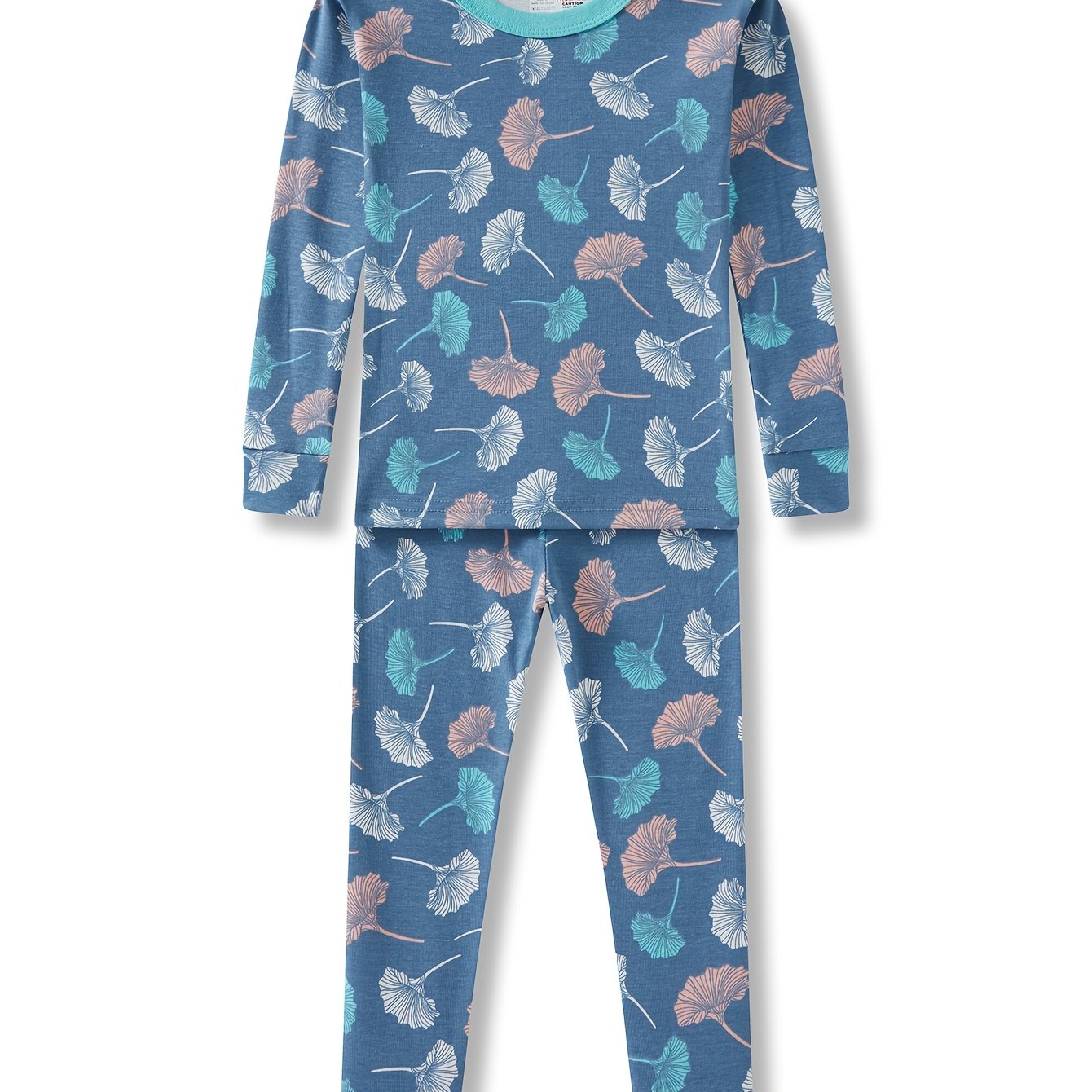 Cute Blue Cartoon Pajama Set for Girls Aged 2-8, Featuring Long Sleeves And Pants, Perfect for Home Wear And Comfortable for Spring, Summer, And Autumn with Random Floral Prints.