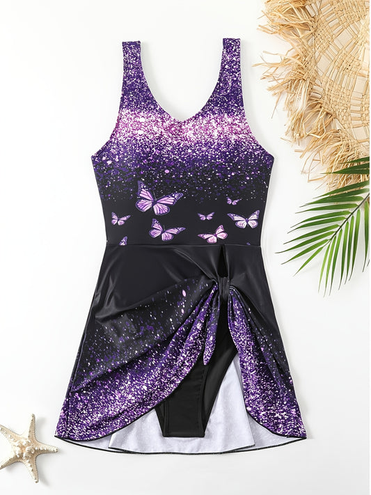 1pc Women's Elegant Skirted One-Piece Swimsuit - Sparkling Glitter Butterfly Tank Suit Suitable for Valentine's Beach/Pool Dates, Shapely Fit & Hand Washable Swimwear (Stock Available)