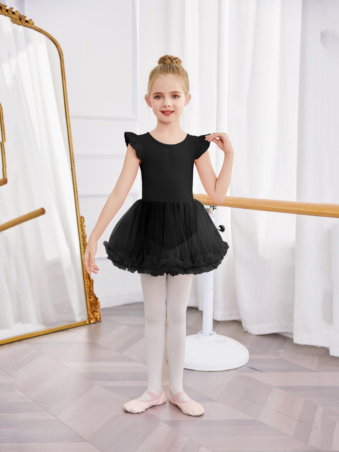 Girls' Ballet Tutu Dance Dress with Cross-Back Design & Ruffled Sleeves - White A-Line Leotard for Ballet, Gymnastics, Recitals - All-Season Comfort, Round Neck, Solid Color, Ballet Dress, Gymnastics Attire, Elegant Dancewear