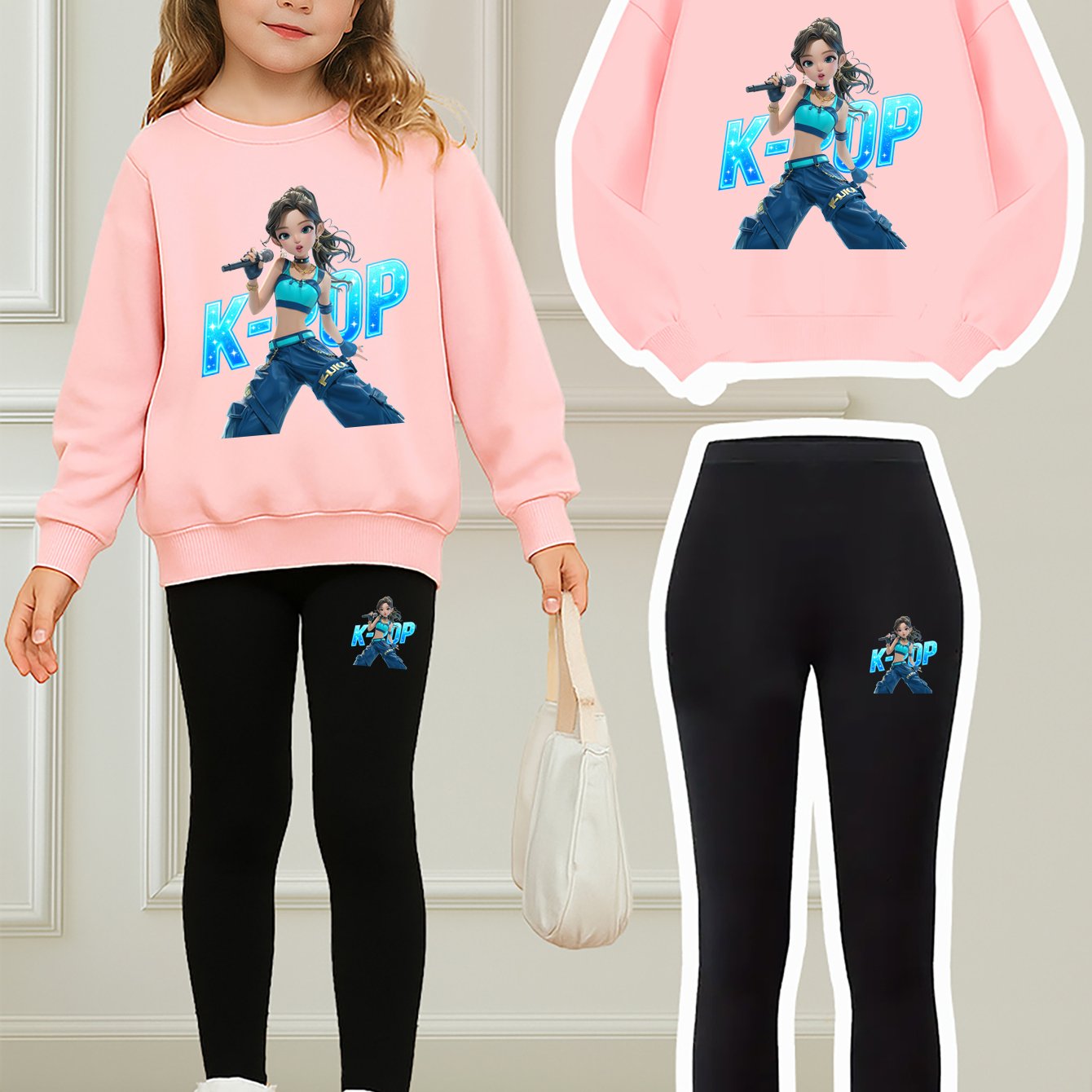 K-Pop Element Girls Two-piece Set | Girl Idol Group Anime Print Sweatshirt + Tight Pants | Trendy Brand Daily Wear | Perfect Birthday Gift for Girls, for Outdoor