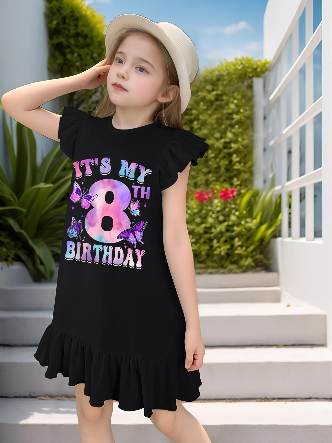 It's My 8th Birthday Butterfly Theme 8 Year Old Party Girl Dress with Flutter Sleeves - Sleeveless Dress for Girl Kid