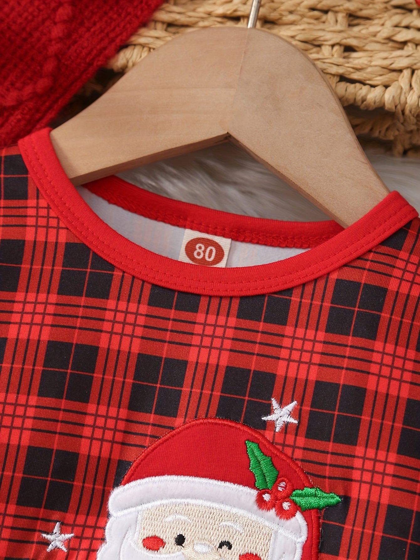 2pcs Baby 's Christmas Outfit Set - Red & Black Plaid Ruffled Sleeve Dress with Flared Bell-Bottoms & Bow Trim, Santa Claus Letter Embellished Top & Elastic Waist Pants for / (Machine Washable Holiday Party Costume), Perfect