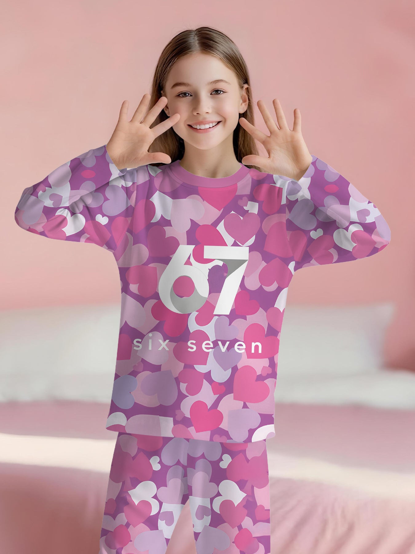 Heart Number 67 Print Pajama Sets | Soft Ventilated, Cute Girls Home Wear with Crew Neck and Slight Stretch Fabric