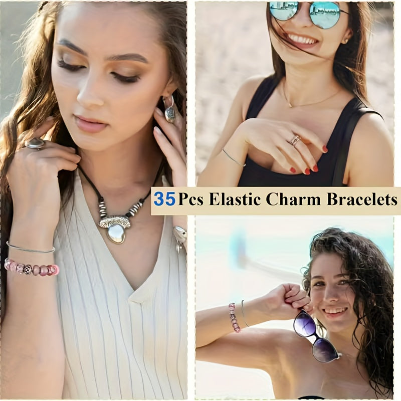 35pcs Silvery Snake Pendant Charm Bracelets - Adjustable Stretchable Elastic Bangle Style Stainless Steel Material, Perfect for DIY Jewelry Making Supplies Suitable for Women And