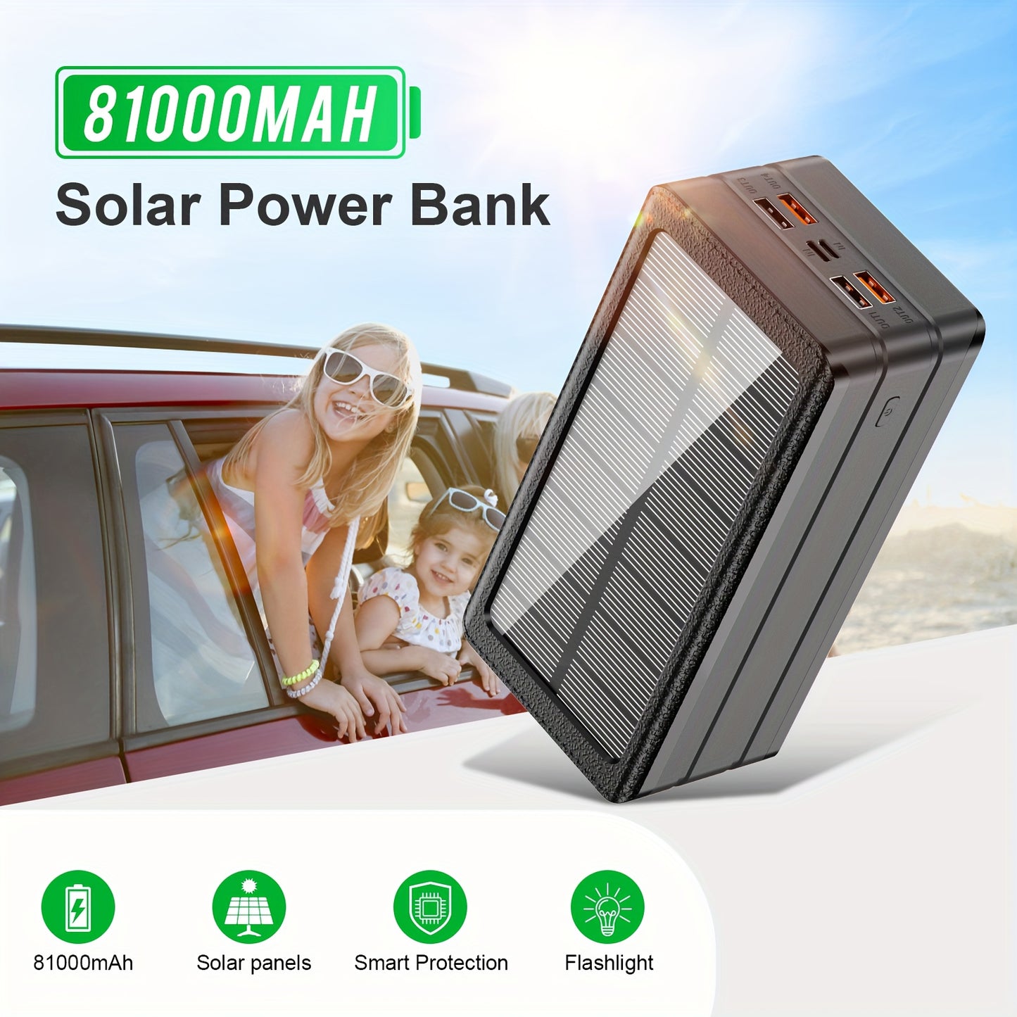 81000mAh Solar Power Bank With 32 LED Flashlight And Solar Charging 30W Fast Charger For Camping And Outdoor Survival
