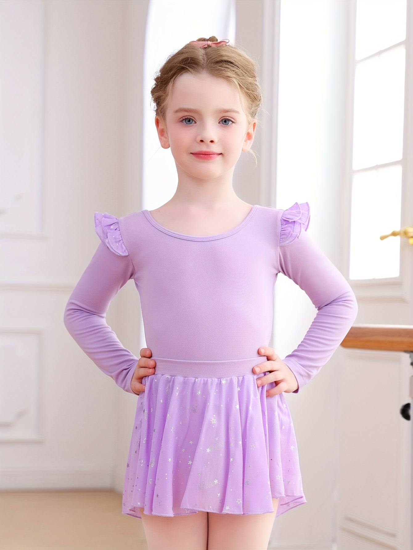 Christmas Gift Girls' Tight Bodysuit & Tulle Skirt Set - Detachable Long Sleeve Ruffle Crisscross Back Silvery Stars, Ballet Gymnastics Dance Outdoor Fall Clothing