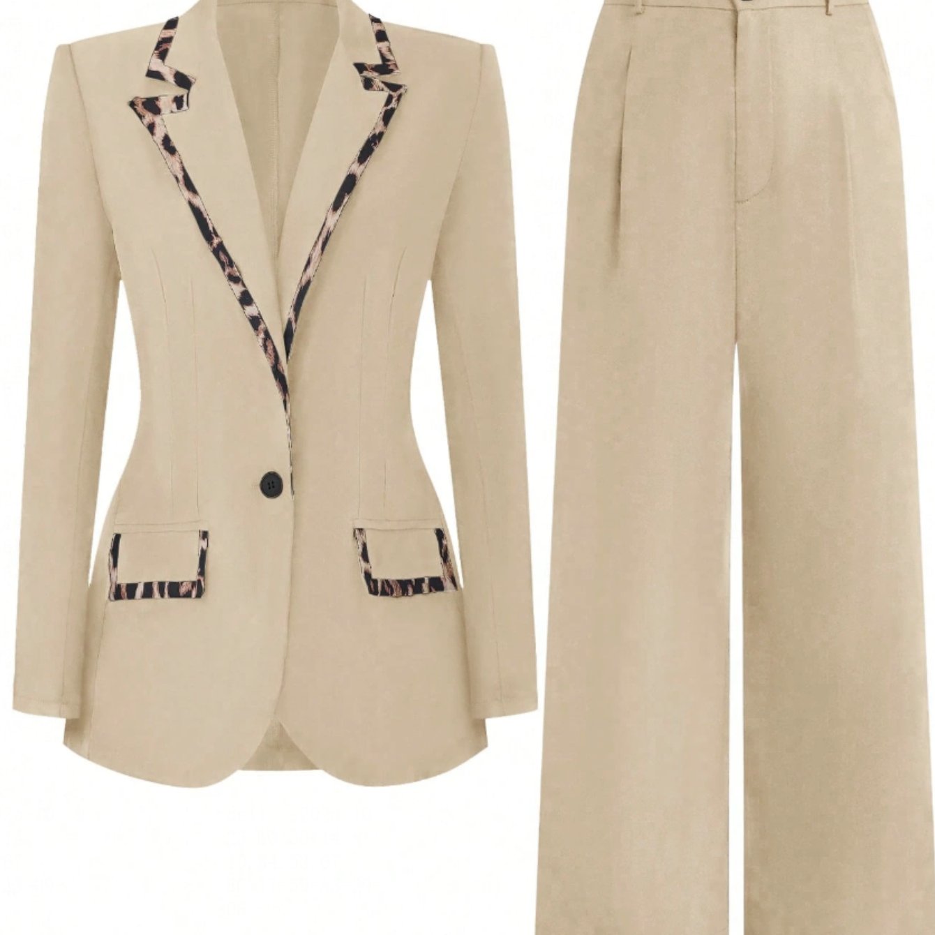 Two-Piece Beige Leopard Print Blazer And Wide Leg Pants Suit For Office To Party With Collar