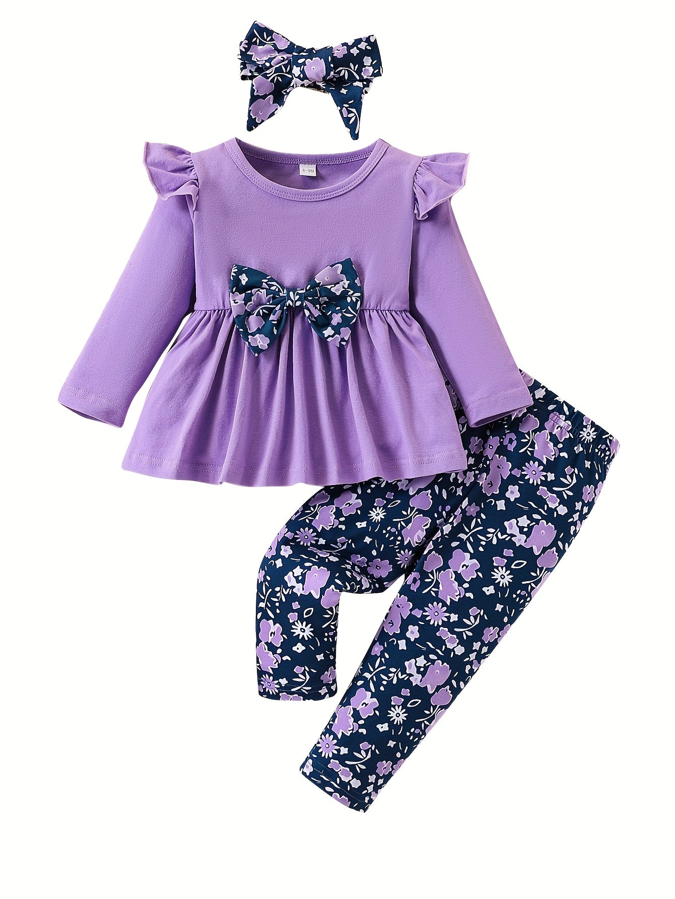 Toddler Baby Girls Clothes Set 3pcs Floral Soft Crewneck Long Sleeve Top+Pants Outfits With Headband, for Outdoor