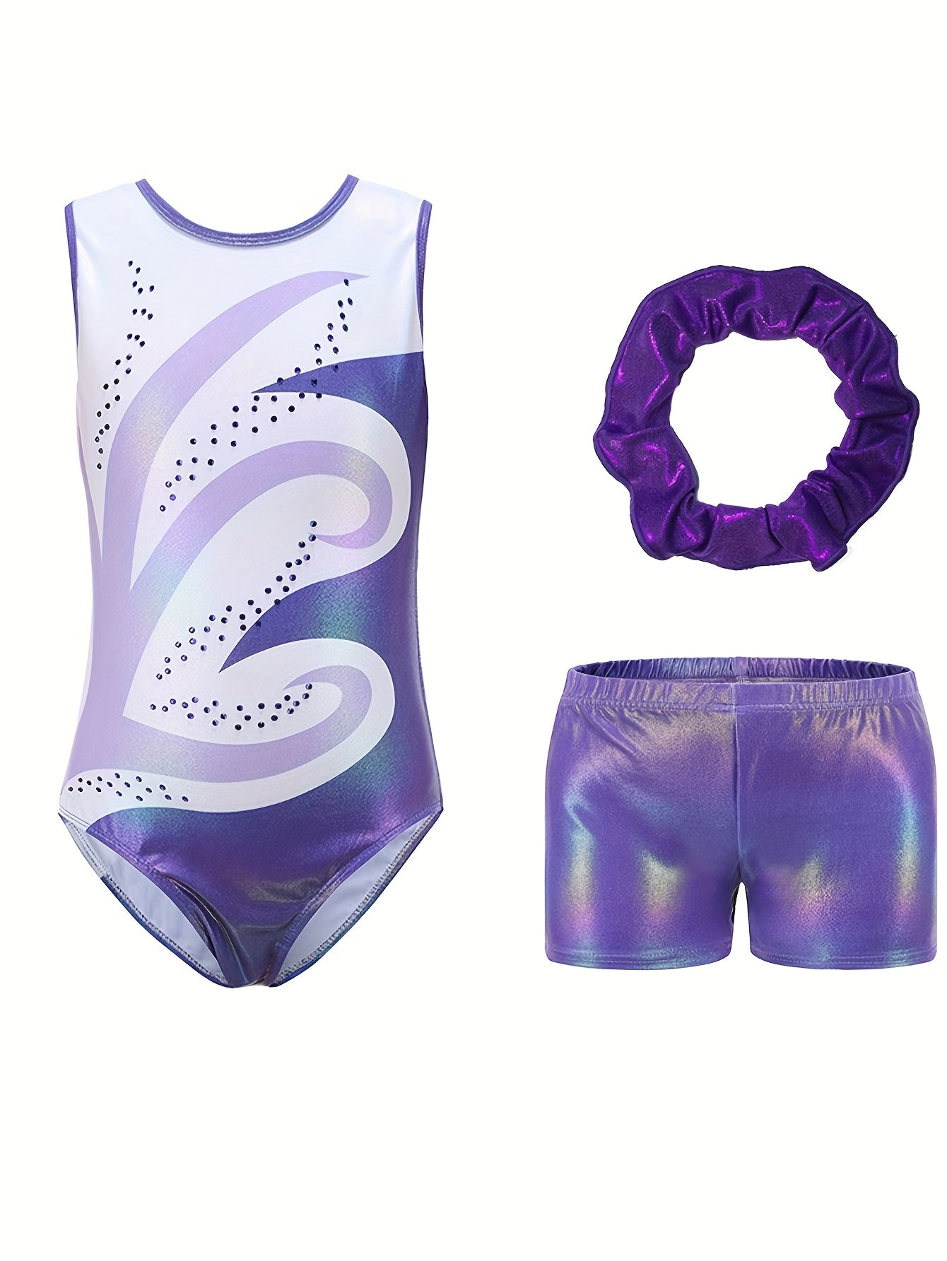 Girls' Sleeveless Gymnastics Leotard with Sparkling Blue & Purple Swirl Design + Light Blue Shorts & Hair Tie - Breathable Stretchy Fabric for Dance, Gymnastics, Christmas Parties, Gymnastics Attire, Sleek Fitted Design, Medi