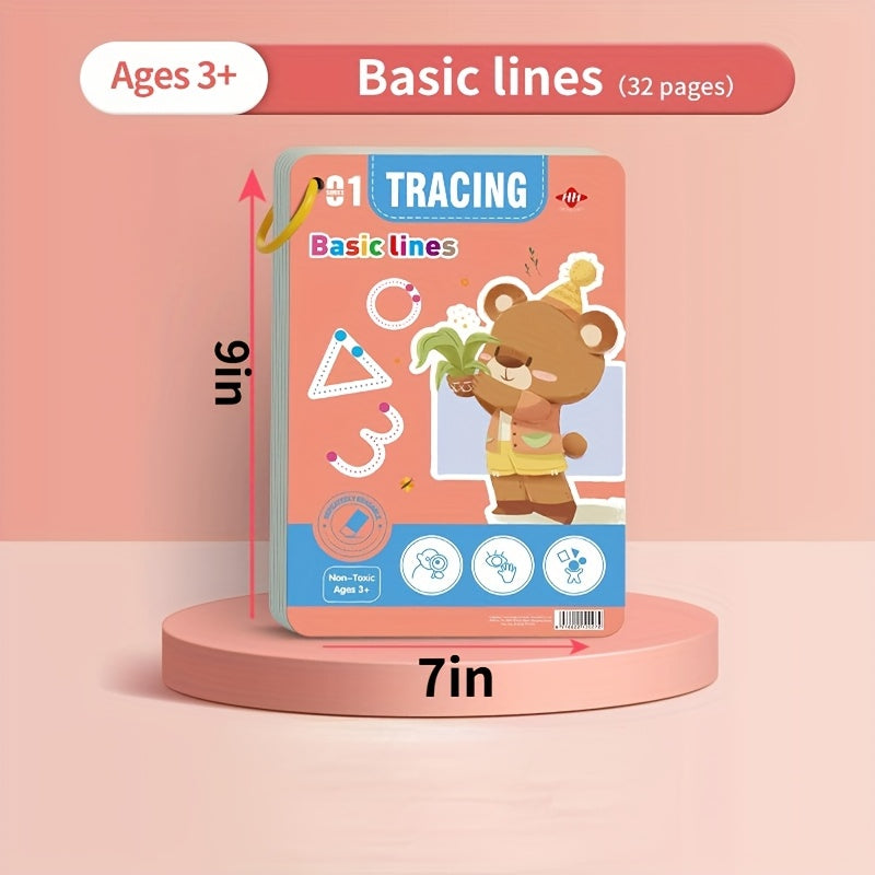 Rewritable Pen Control Training Books for Ages 3-6, 4-in-1 Toddler Writing, 128pages Inclued 10 Pens, Reusable Educational Activity Book with Erasable Function, Rewritable Training Set Preschool, Educational Gift, Birthday Pr