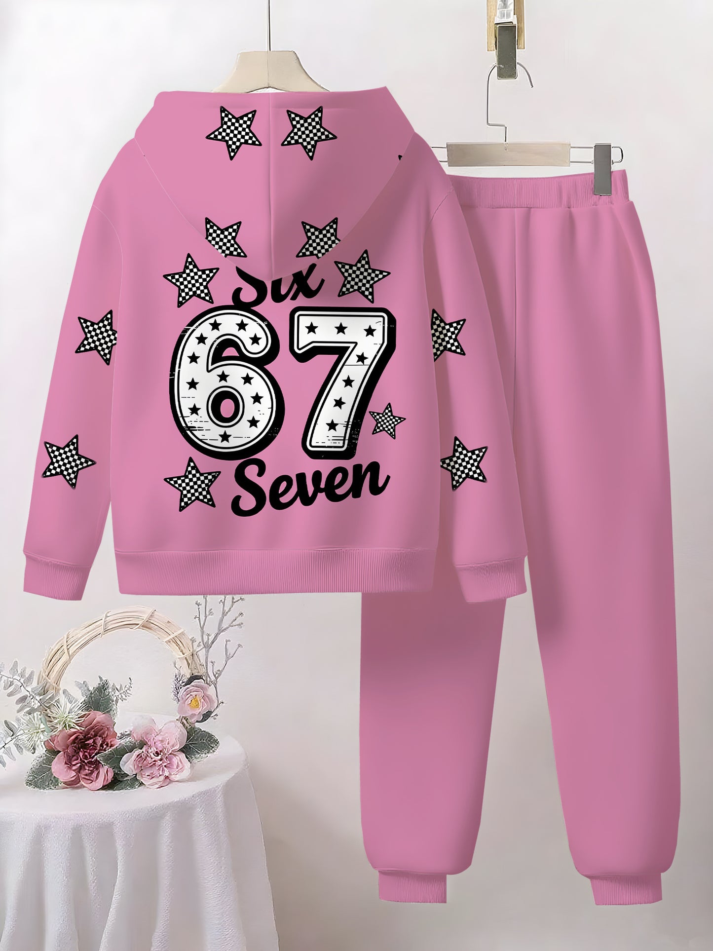 Pink Star and "67" Digital Hoodie Set | Fully Printed Star Mang Patterns, High-Quality Skin-Friendly Fabric, Warm Hood, Playful and Fashionable Design, Perfect for Spring/Fall, for Outdoor