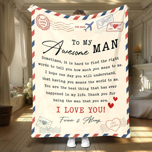 1pc to My Awesome for man Couples Blanket | Extra Long 5x8ft Flannel Bedspread - Romantic Gift for Husband, Boyfriend, Dad - Soft Beige & Red Love Notes - All-Season Keepsake - Ideal for Anniversary, Birthday, Valentine'S - H