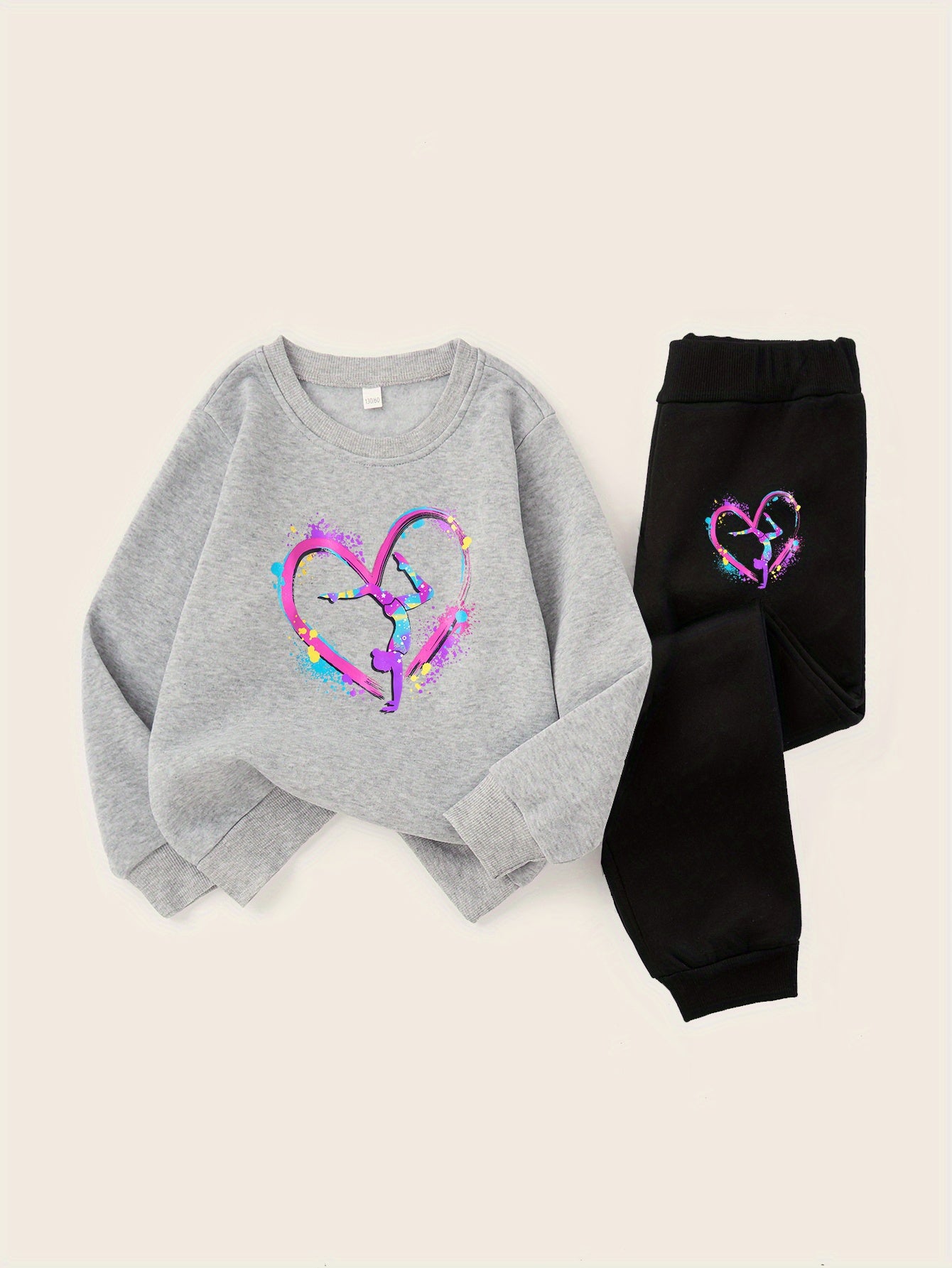 Girls' Cozy Gymnastics Watercolor Print Sweatshirt Set - Black with Vibrant Heart Design, Perfect for Outdoor Activities, Casual Wear, Allseason Comfort, Gymnastics Outfit|Playful Print|Stretchy Fabric