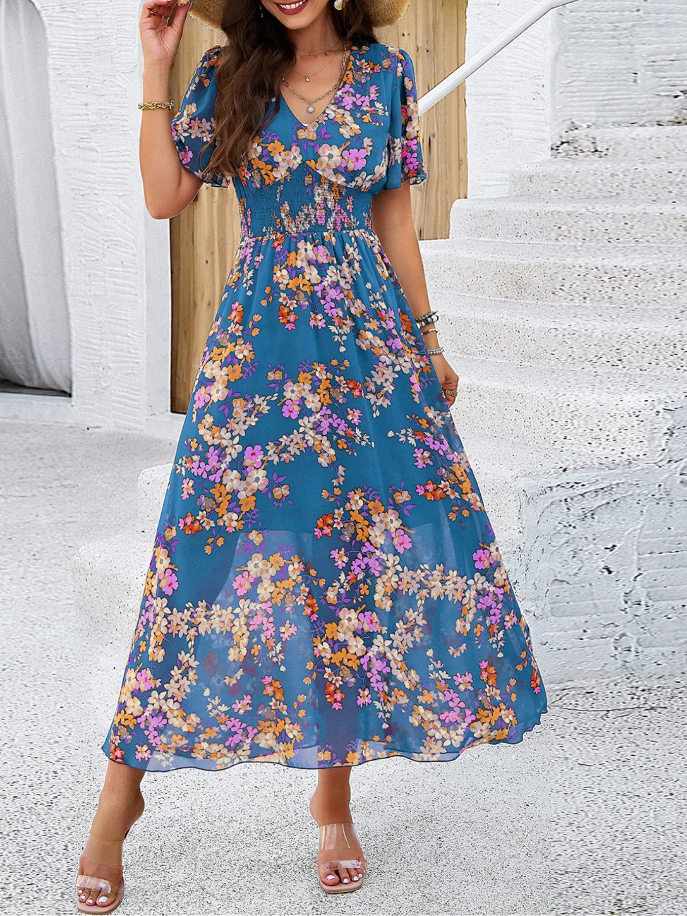 Women's Printed Waist Tied Dress Short Sleeve Elegant Spring Summer Bodycon