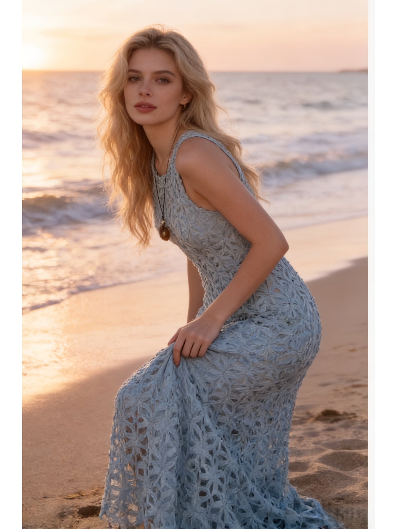 Mint Green Summer Heavy Industry Three-dimensional Floral Hollow-out Dress | Women'S French Gentle Style Temperament Sleeveless Long Dress, Crew Neck, Fit and Flare, Elegant Solid Color Pattern