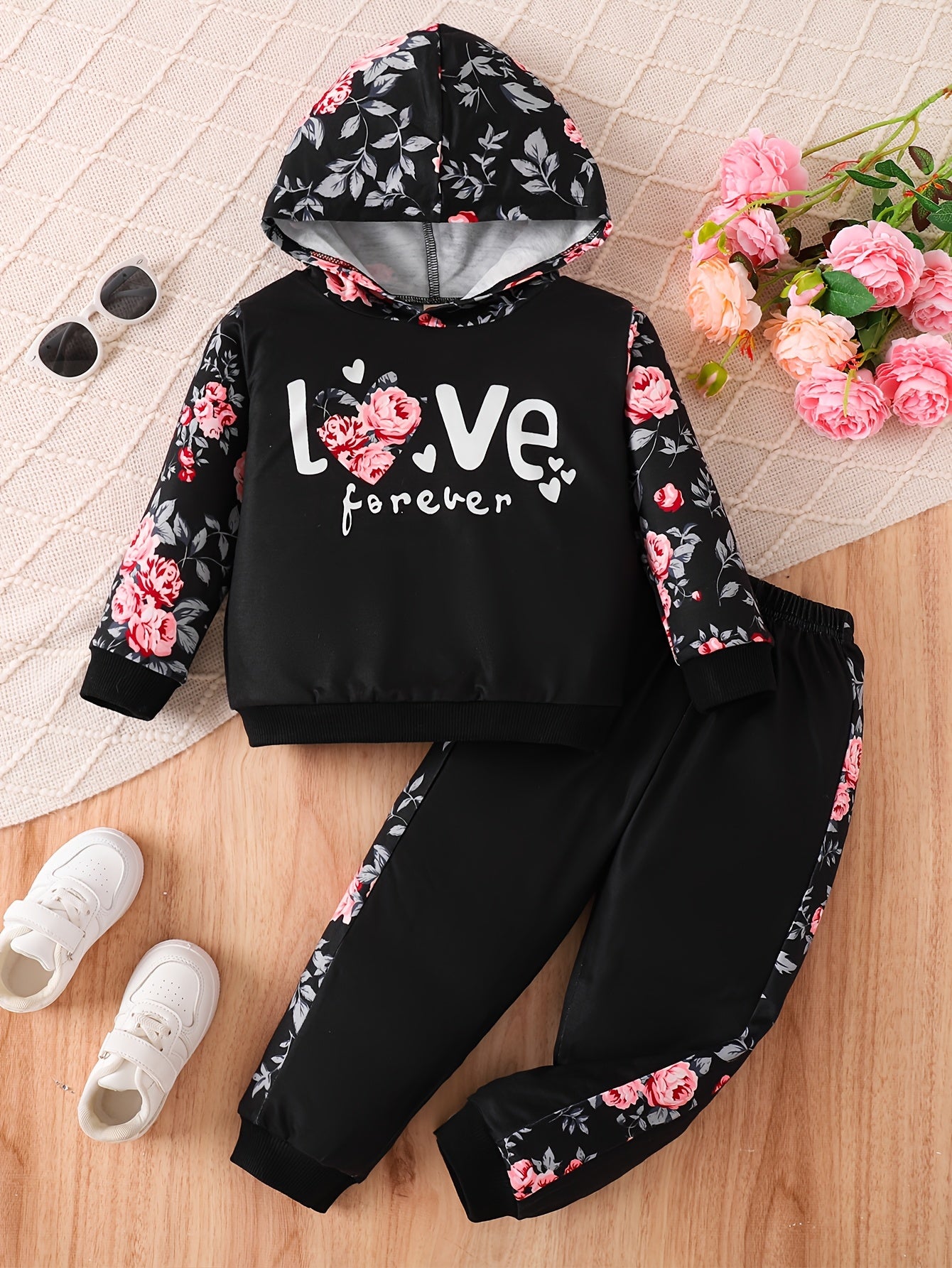 Kids' Autumn Sweatshirt Set, Newborn Long-Sleeve Two-Piece Outfit for Girls with Printed Hoodie + Casual Pants