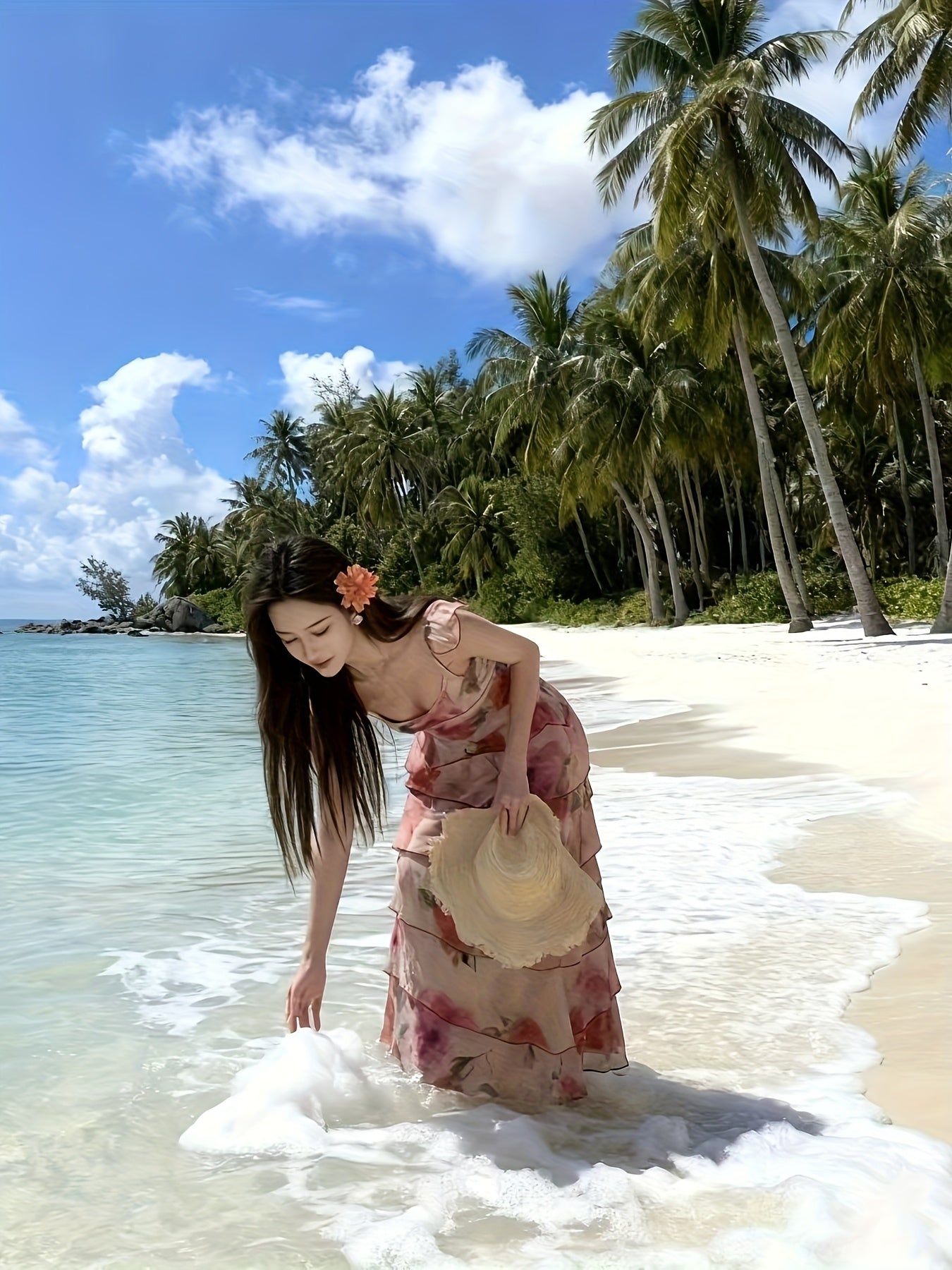 Women'S French Romantic Watercolor Floral Print Spaghetti Strap Maxi Dress - Off-Shoulder/One-Shoulder Boho Beach Dress with Slim-Fit Silhouette, Lightweight Breathable Fabric for Coastal Vacation, Summer Weddings & Evening E