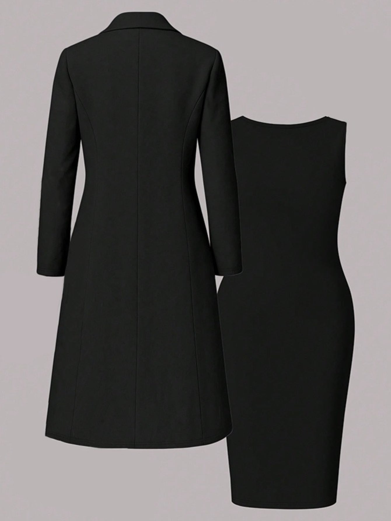 Black Long Blazer And Sleeveless Pencil Skirt Two Piece Set For Elegant Banquet Style Evening Dinners And Business Events