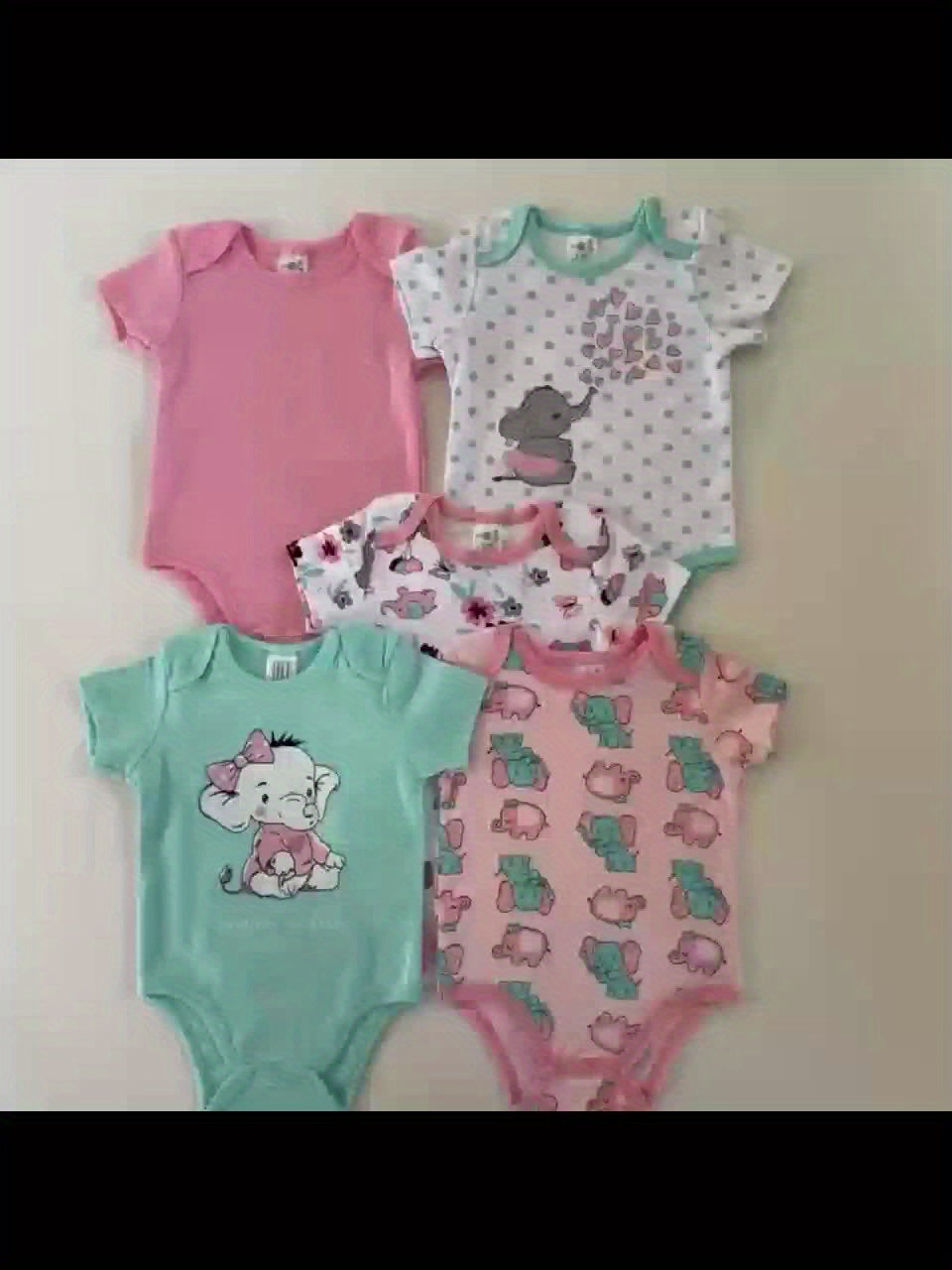 5pcs Set Of Baby Girl Short Sleeved Triangle Jumpsuit, Pink Elephant Cute Baby Girl Hoodie, Crawling Suit, for Outdoor