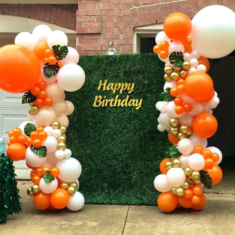Complete Orange Balloon Arch & Chain Decoration Kit with Helium-Ready Balloons, Golden-Tipped Tips & Green Foliage-like Garland - Party Backdrop for Birthdays, Weddings,, New Year (No Helium Tank)