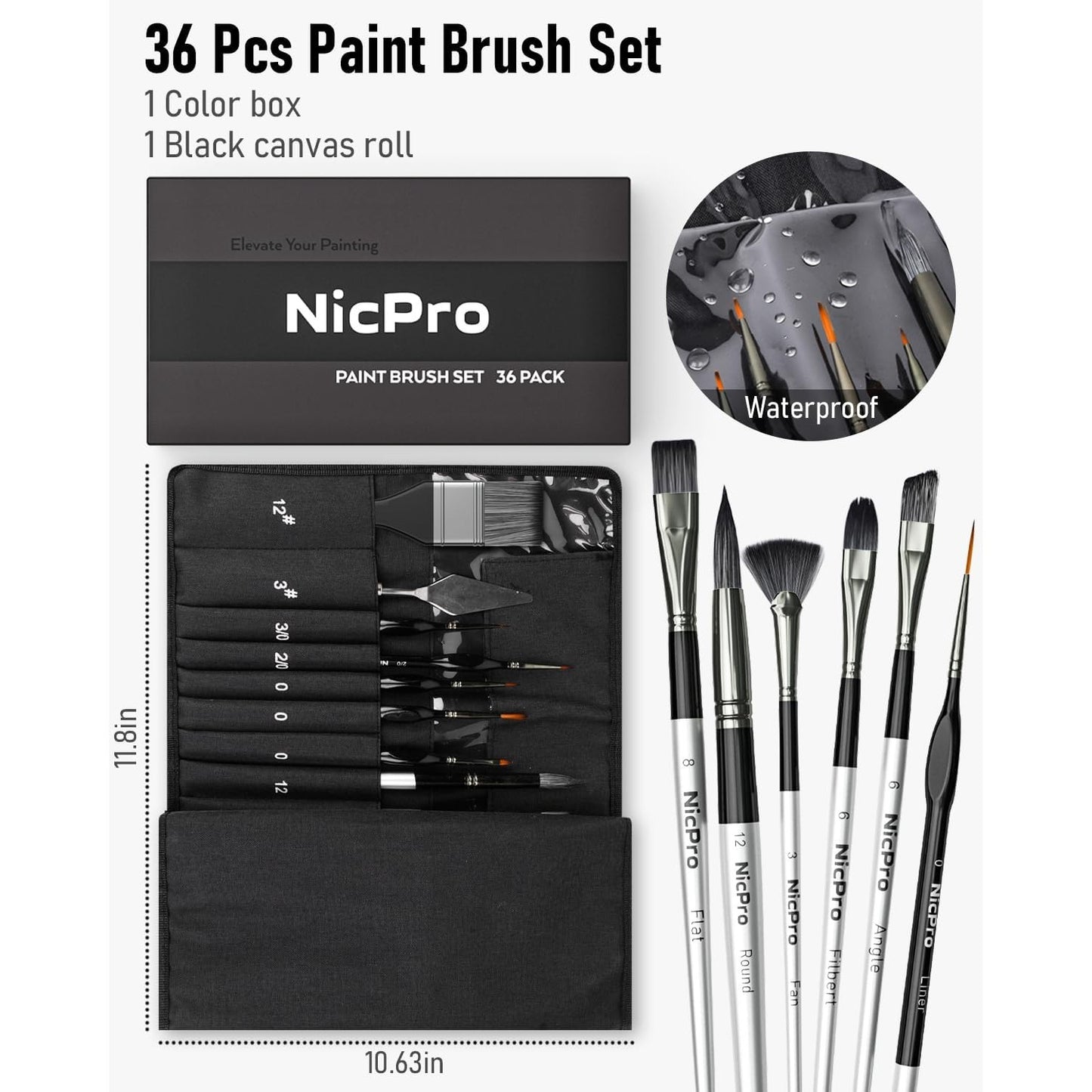 36 Piece Paint Brush Set With Palette Knife Cloth Roll