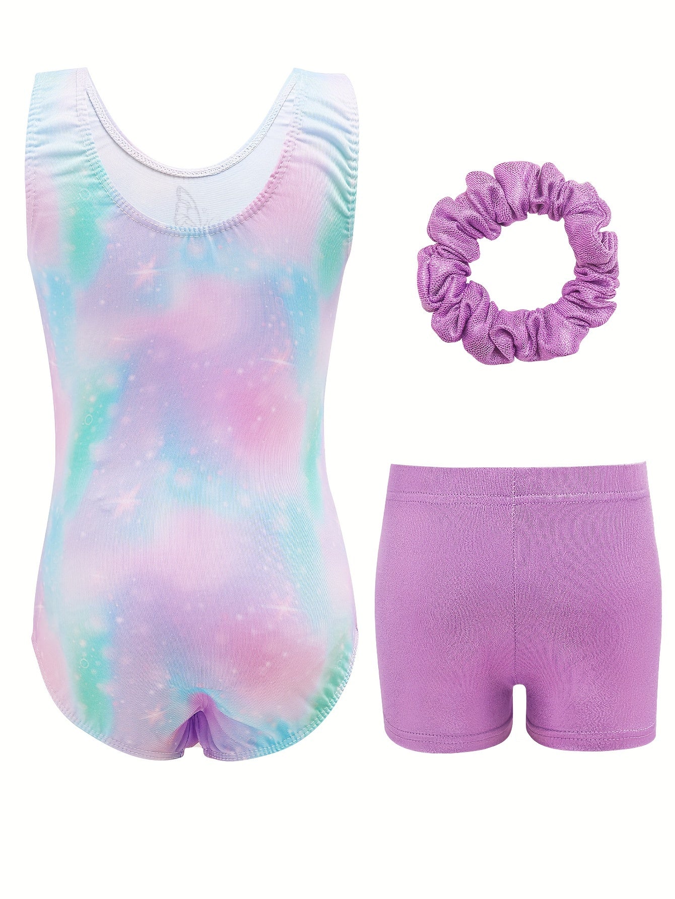 Girls' Gymnastics Bodysuit Set, Shiny Ballet Dance Outfit with Three Pieces Including Sparkling Shorts And a Headpiece.
