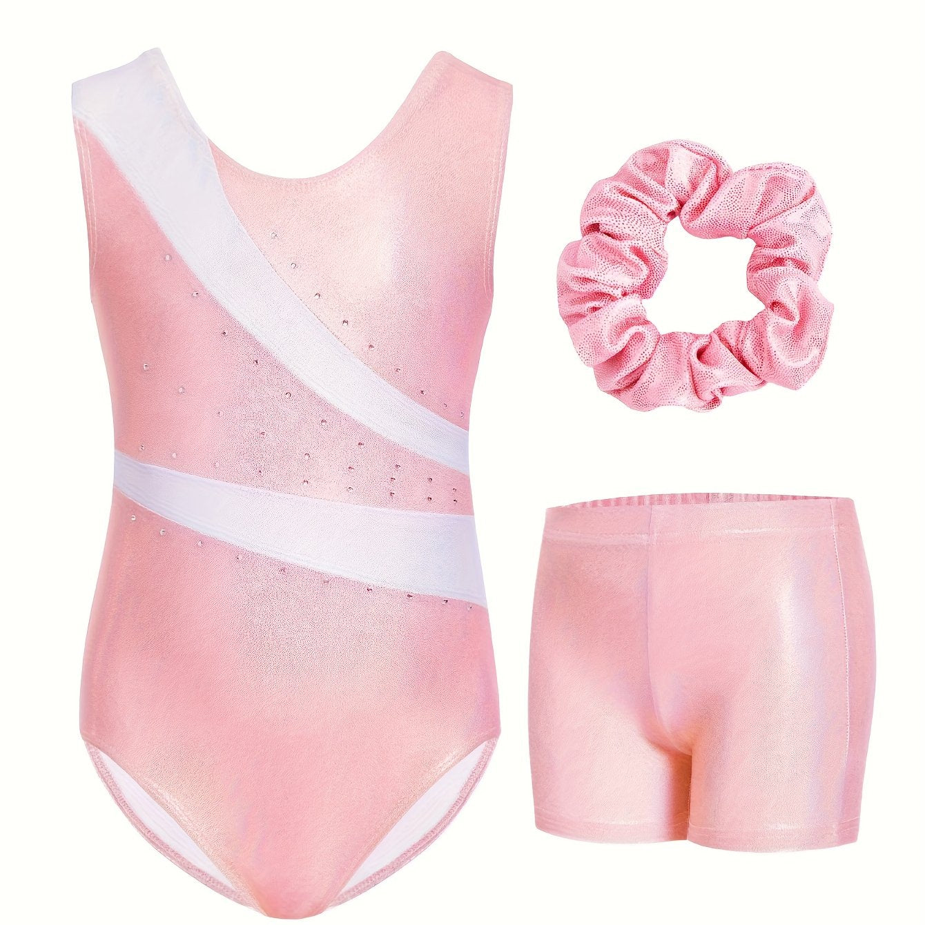 Girls Rhinestone Gymnastics Leotard Shorts Hair Tie Set 3 Piece