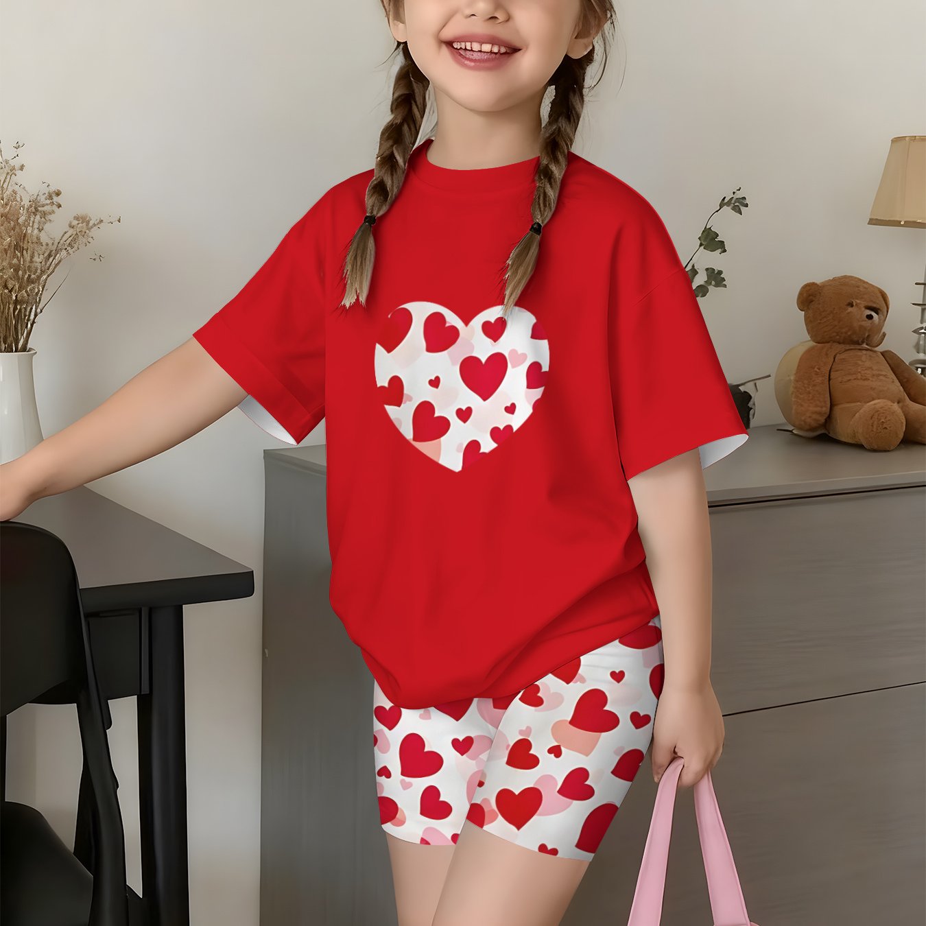 Girls Fashion Shorts Set With Heart Print For Outdoor Play