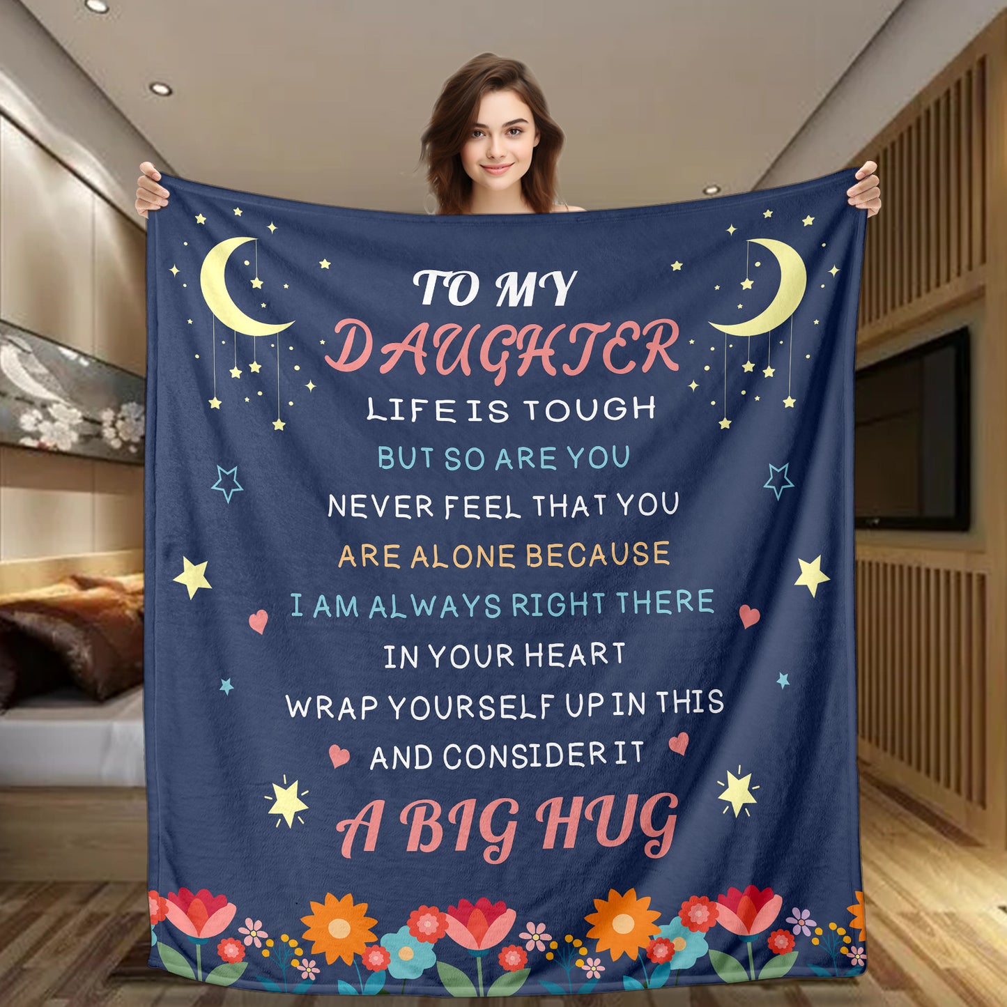 To My Daughter Blanket Moon Stars Floral Accents Soft Cozy Throw For Bed Dorm Gift For Teens Girls Graduation 280GSM
