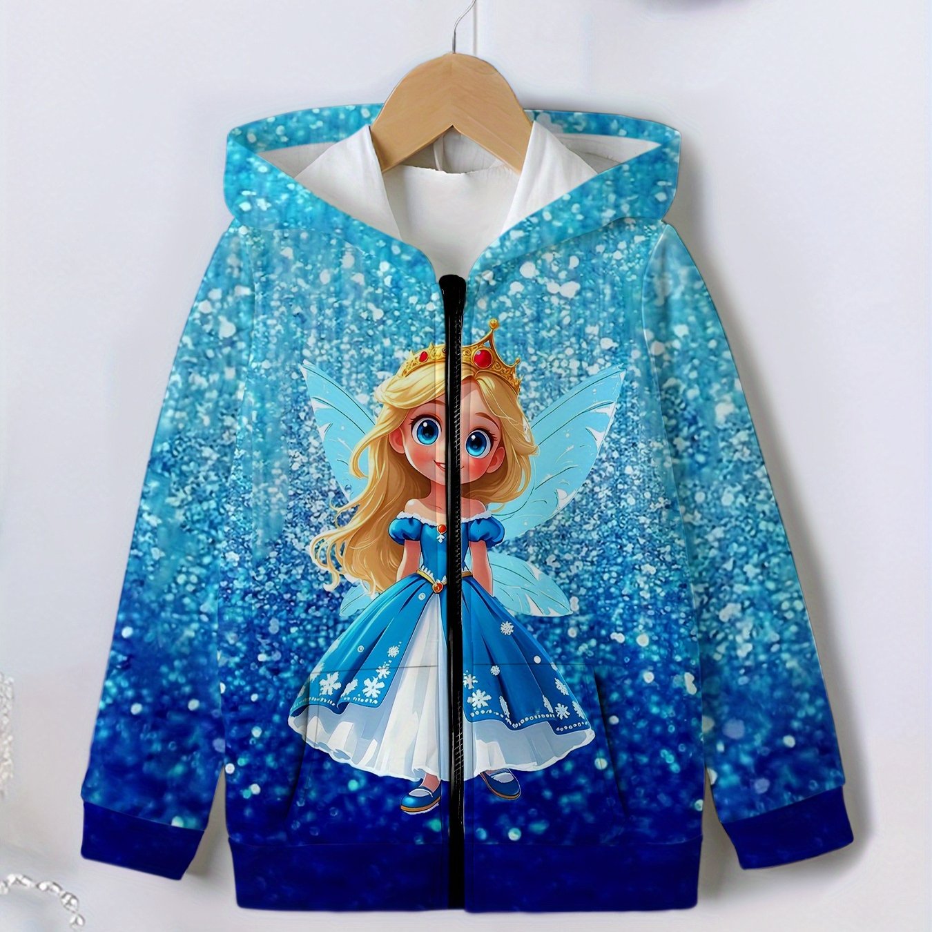 Sparkling Ice Princess Glitter Hooded Jacket With Snowflake Print Full Zip Winter Coat For Girls Long Sleeve