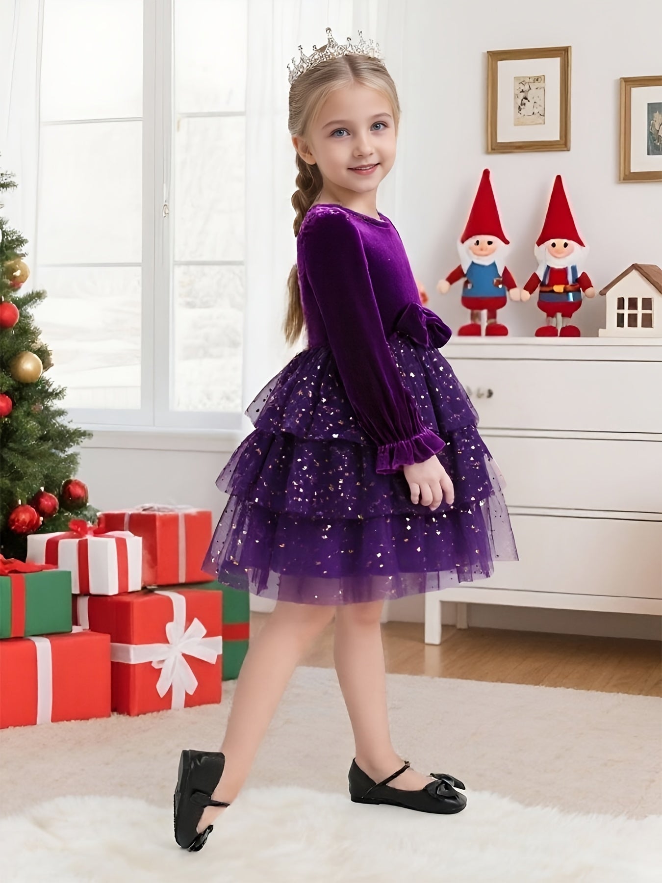 2-7Y Girls Sparkling Sequin & Tulle Tutu Princess Party Dress with Ruffled Sleeves & Layered Skirt - A-Line Knee-Length Winter Dress for Christmas, Birthday, Wedding, Halloween - Shimmering Holiday Outfit with Belt (No Paddin