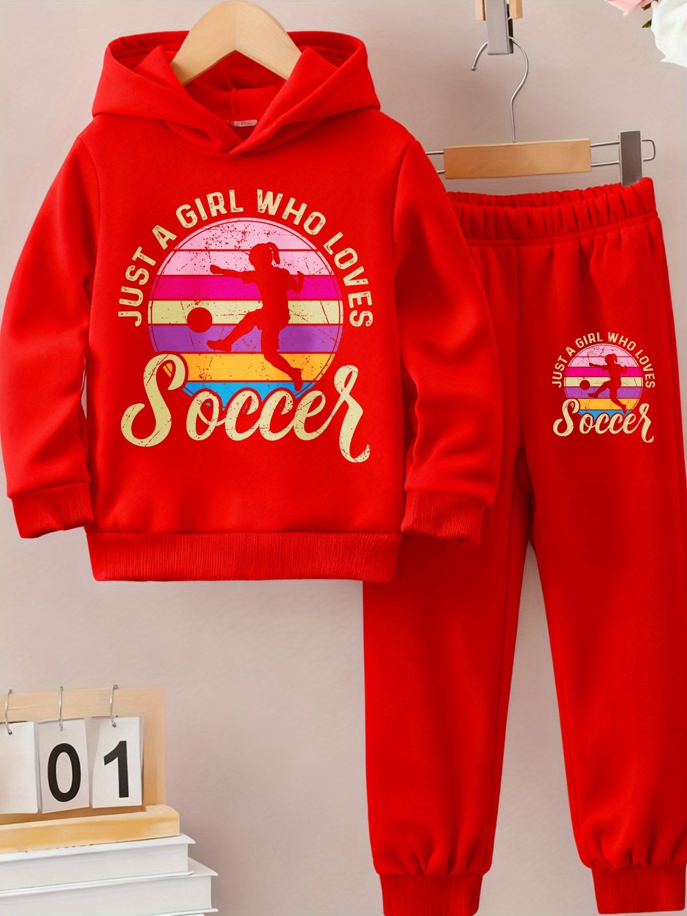 Girls Hoodie and Pants Set - Soccer Graphic Outfit with Hood, Long Sleeve Matching Tracksuit, Soft Pink & Black Soccer Print, Warm Casual Sportswear for Soccer Practice, Games, Casual Attire - Girls' Athletic Clothing, for Ou