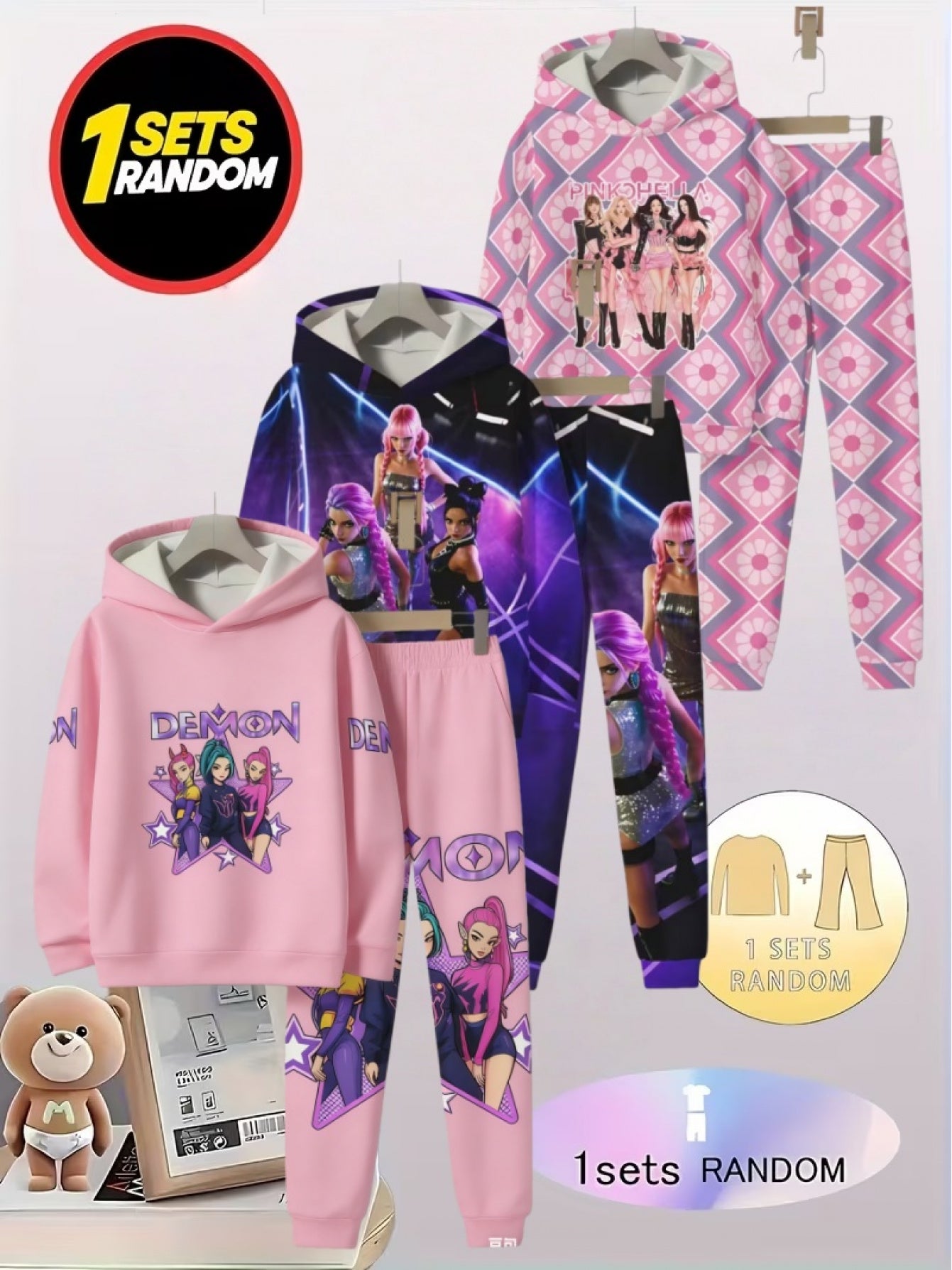 Girls Hoodie And Pants Set With Kpop Prints Comfortable Polyester Elastane Fabric Hooded Tracksuit For Festivals
