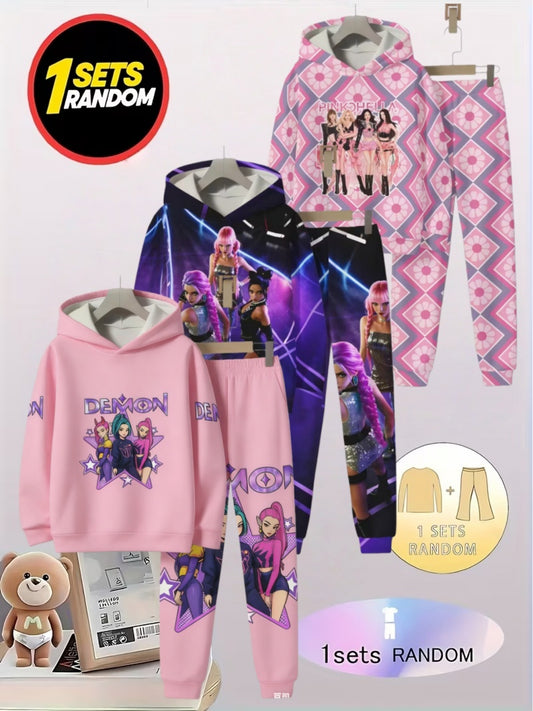 1 Set of 2pcs: Girls' Hoodie and Pants Set | Kpop Girl Group Prints, Comfortable and Fabric, Suitable for Music Festivals, Holiday Party Gifts, New Year, K-pop, for Outdoor