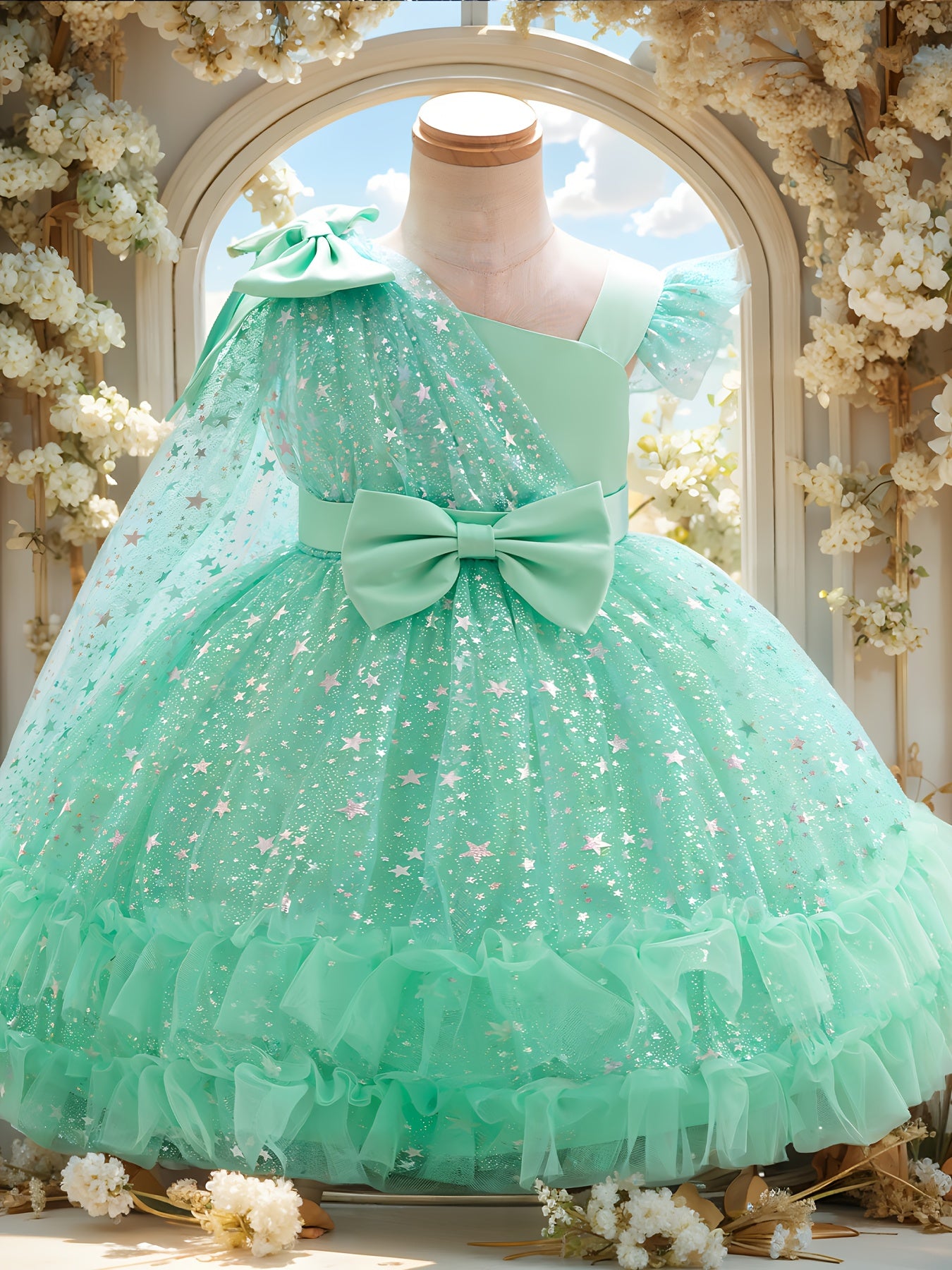 1st Birthday Girl Dress with Detachable Cape & Starry Tutu - Mint Green Sparkling Princess Party Gown, Soft Breathable Baby Girl for Weddings, Photo Shoots & Celebration Outfit (Short Sleeves, Belt)