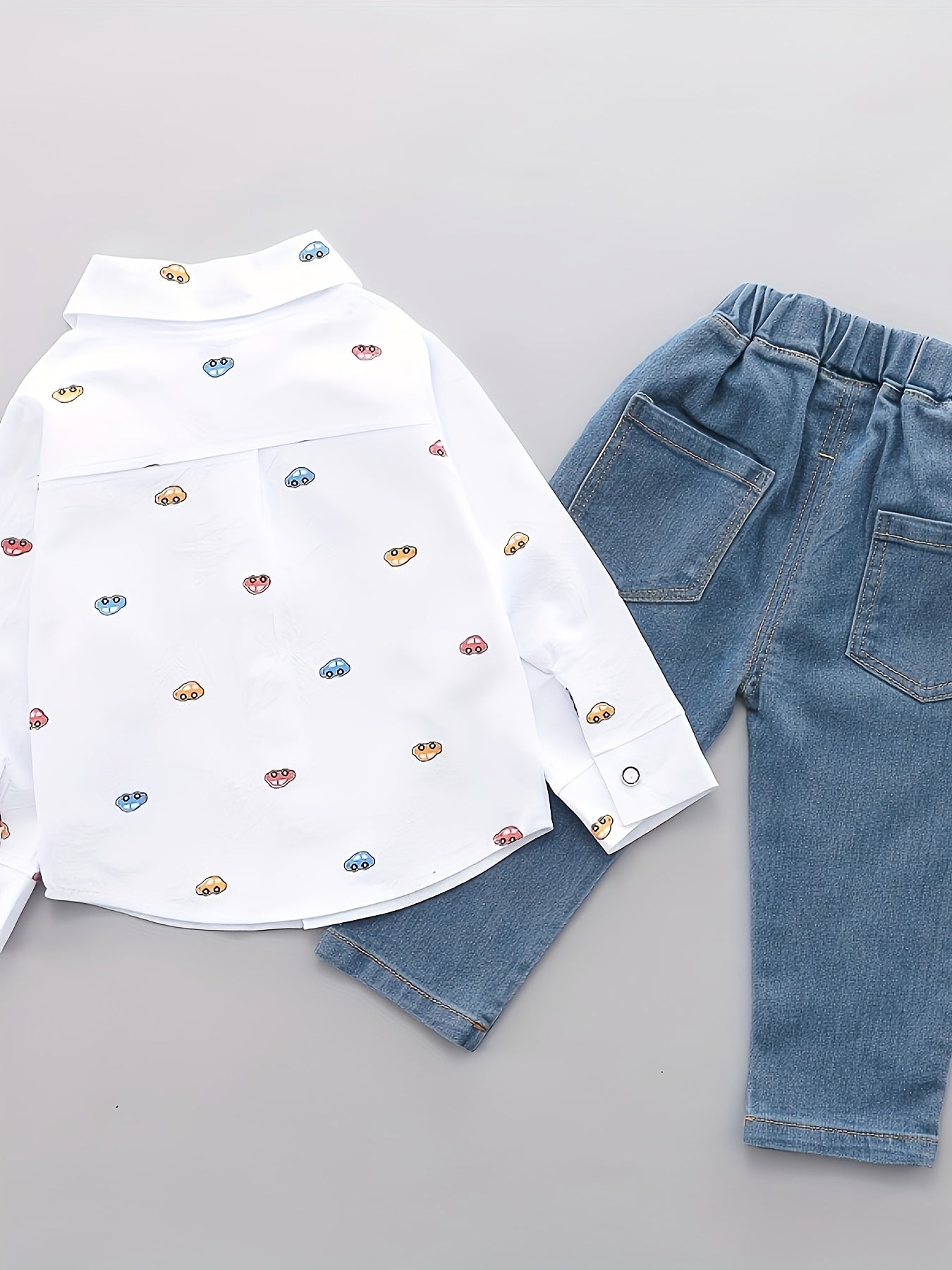 Boys Cartoon Car Print Lapel Shirt And Trousers Set