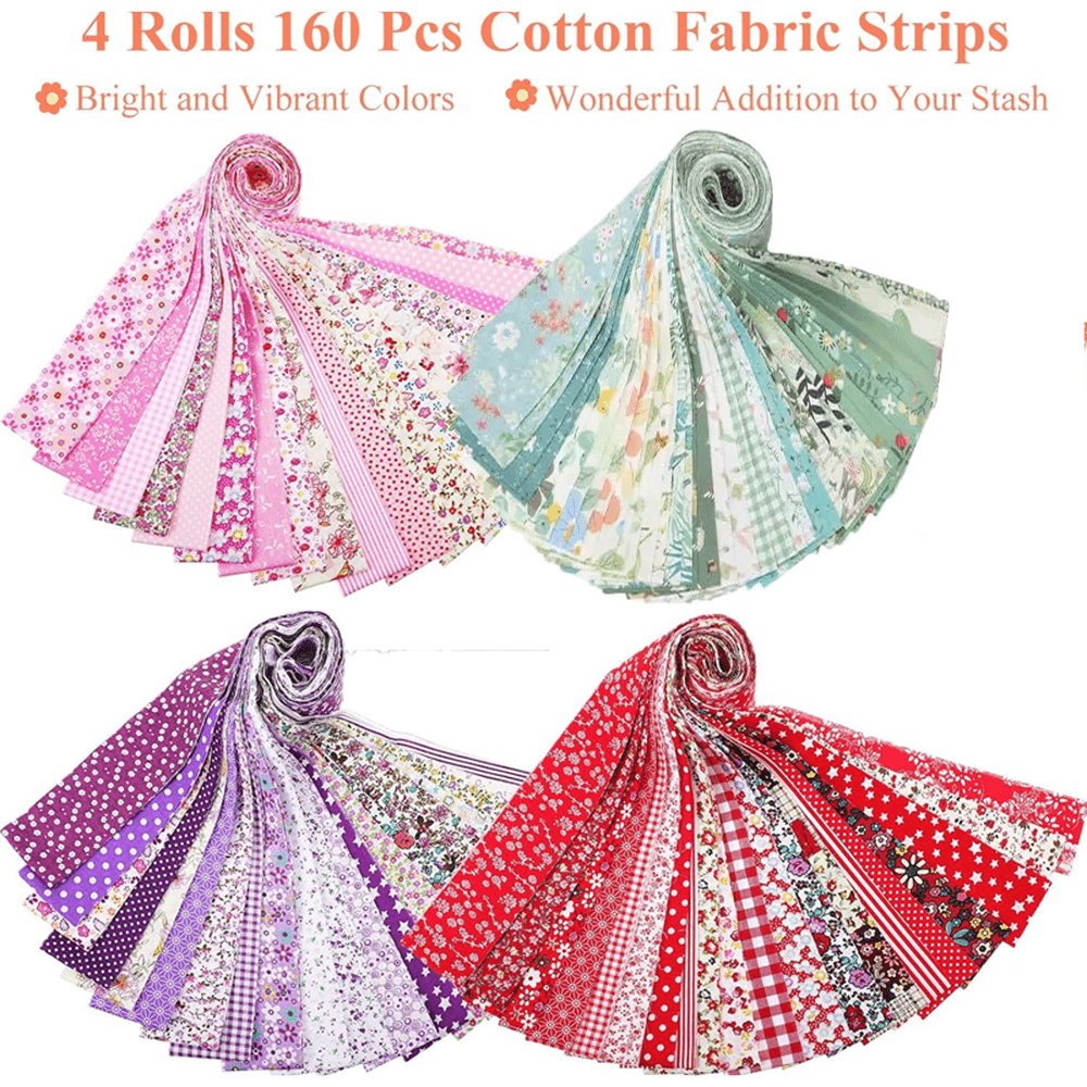 Cotton Fabric Strips Kit 160 Pcs 4 Rolls For Quilting Crafting Sewing