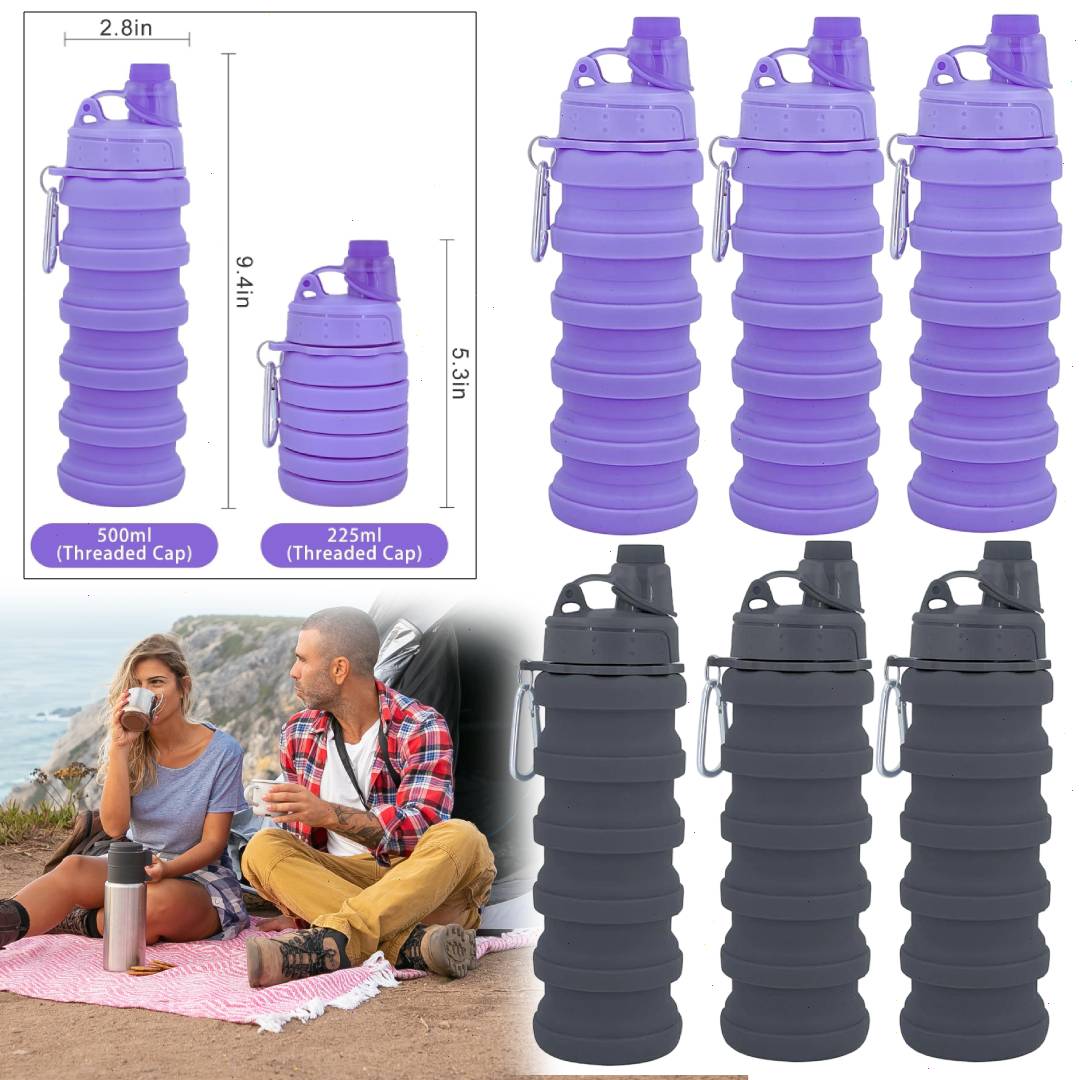 6Pcs Pack Collapsible Silicone Water Bottle BPA Free Leakproof Foldable Travel Bottle Carry Loop Camping Hiking Cycling