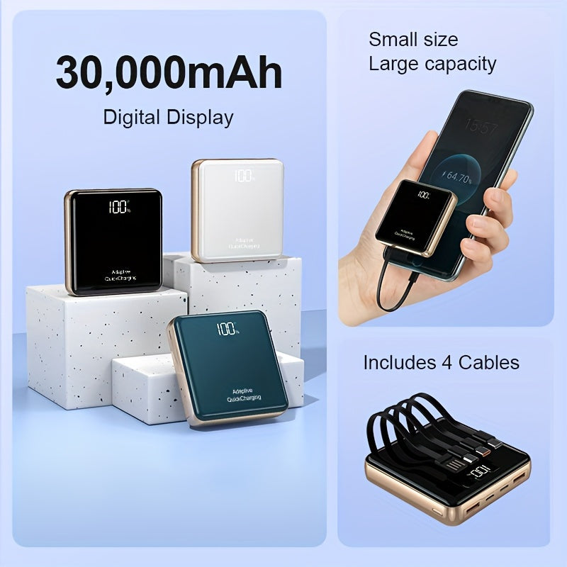 KAXOE 30000mAh 20000mAh High-Capacity Super Fast Charging Power Bank Portable Charger Fast Charging with LED Display Built-in 4 Cables Mobile Battery for iPhone for Samsung for Tablet